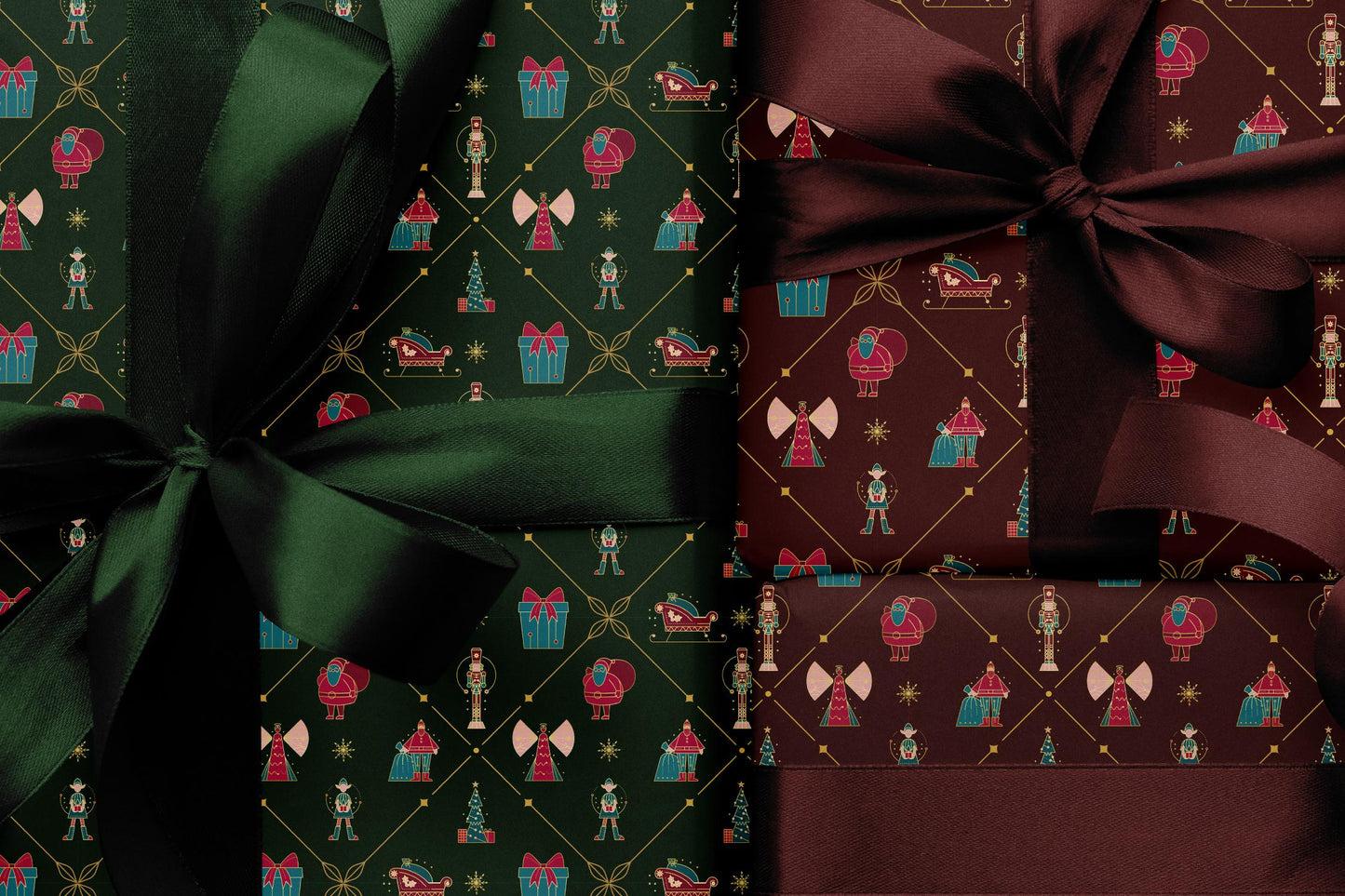 Christmas Gift Wrapping Paper, Green Holiday Gift Wrap Sheet with Nutcracker, Tree, Sleigh and Present Pattern in Glossy or Matte Finish