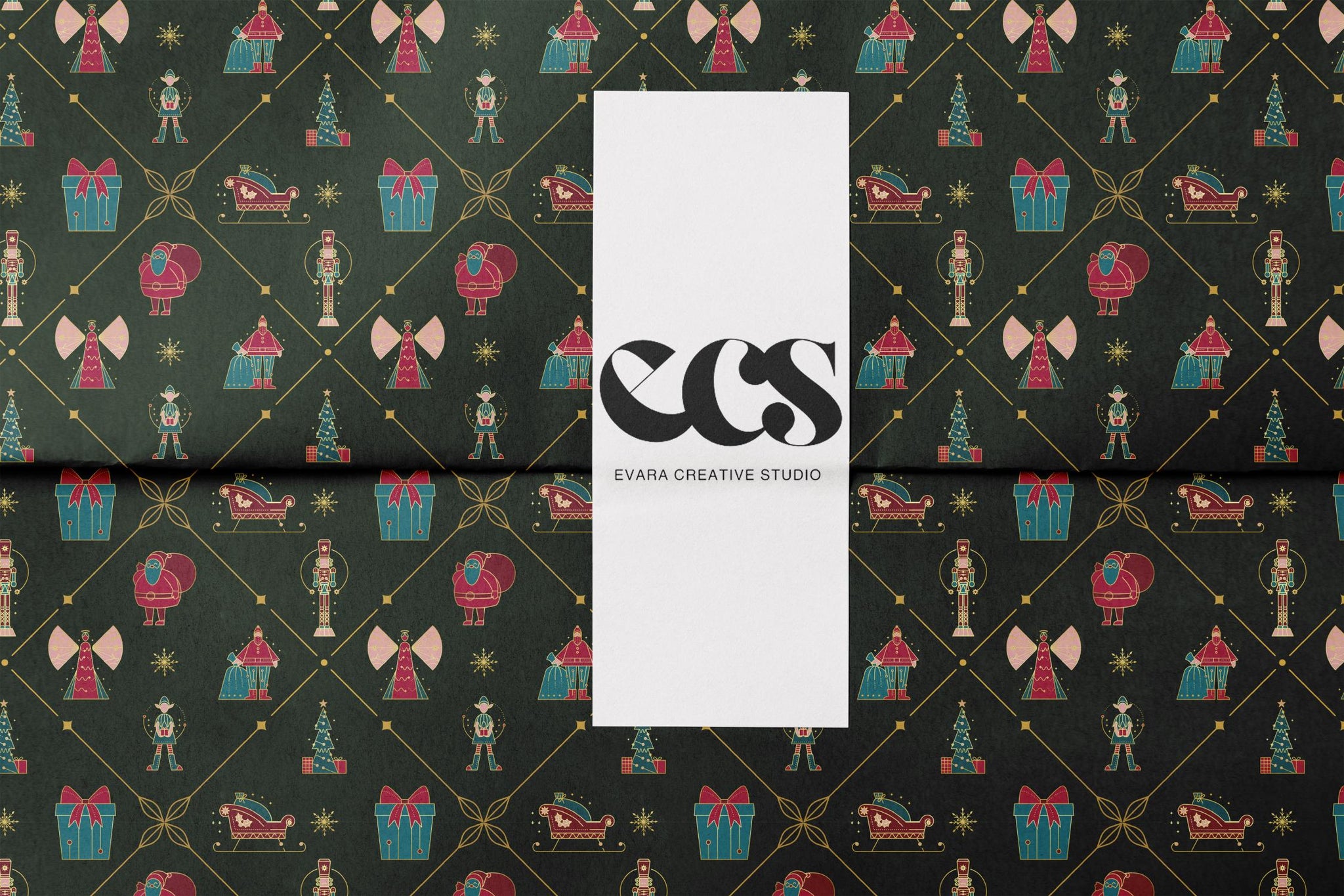 Christmas Gift Wrapping Paper, Green Holiday Gift Wrap Sheet with Nutcracker, Tree, Sleigh and Present Pattern in Glossy or Matte Finish