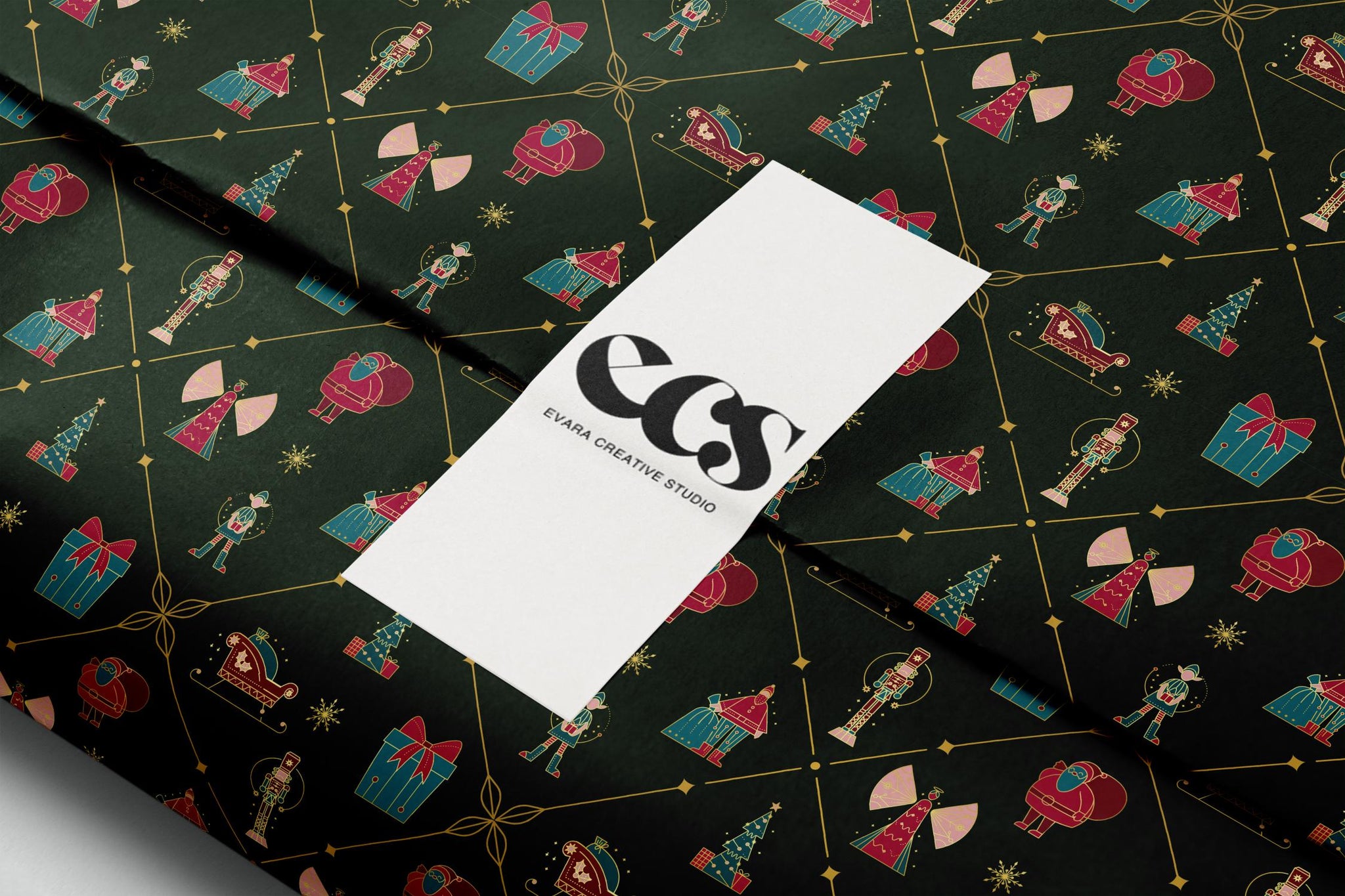 Christmas Gift Wrapping Paper, Green Holiday Gift Wrap Sheet with Nutcracker, Tree, Sleigh and Present Pattern in Glossy or Matte Finish