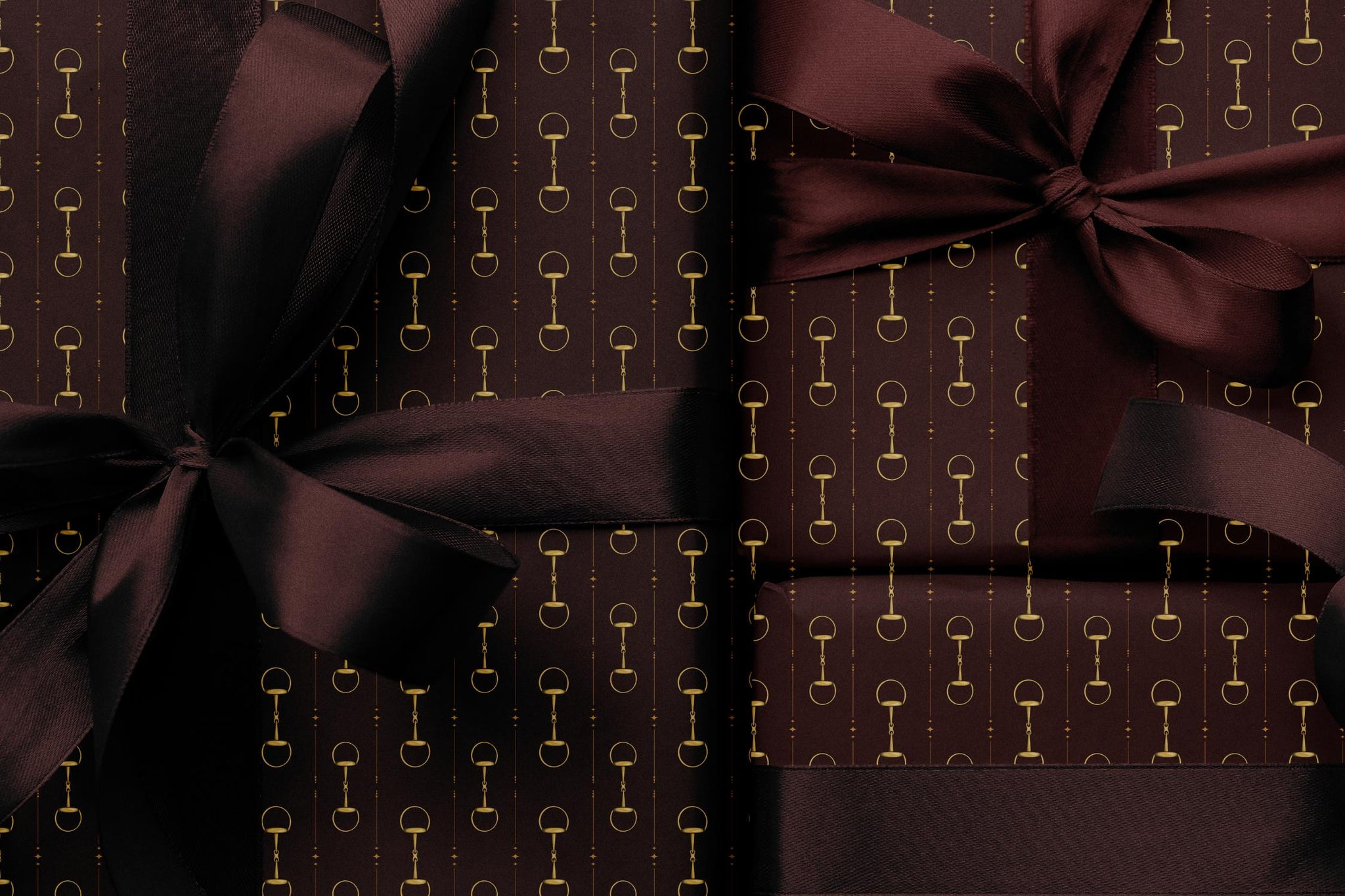 Brown & Gold Equestrian Snaffle Wrapping Paper, Gloss or Matte Finish Elegant Luxury Gift Wrap