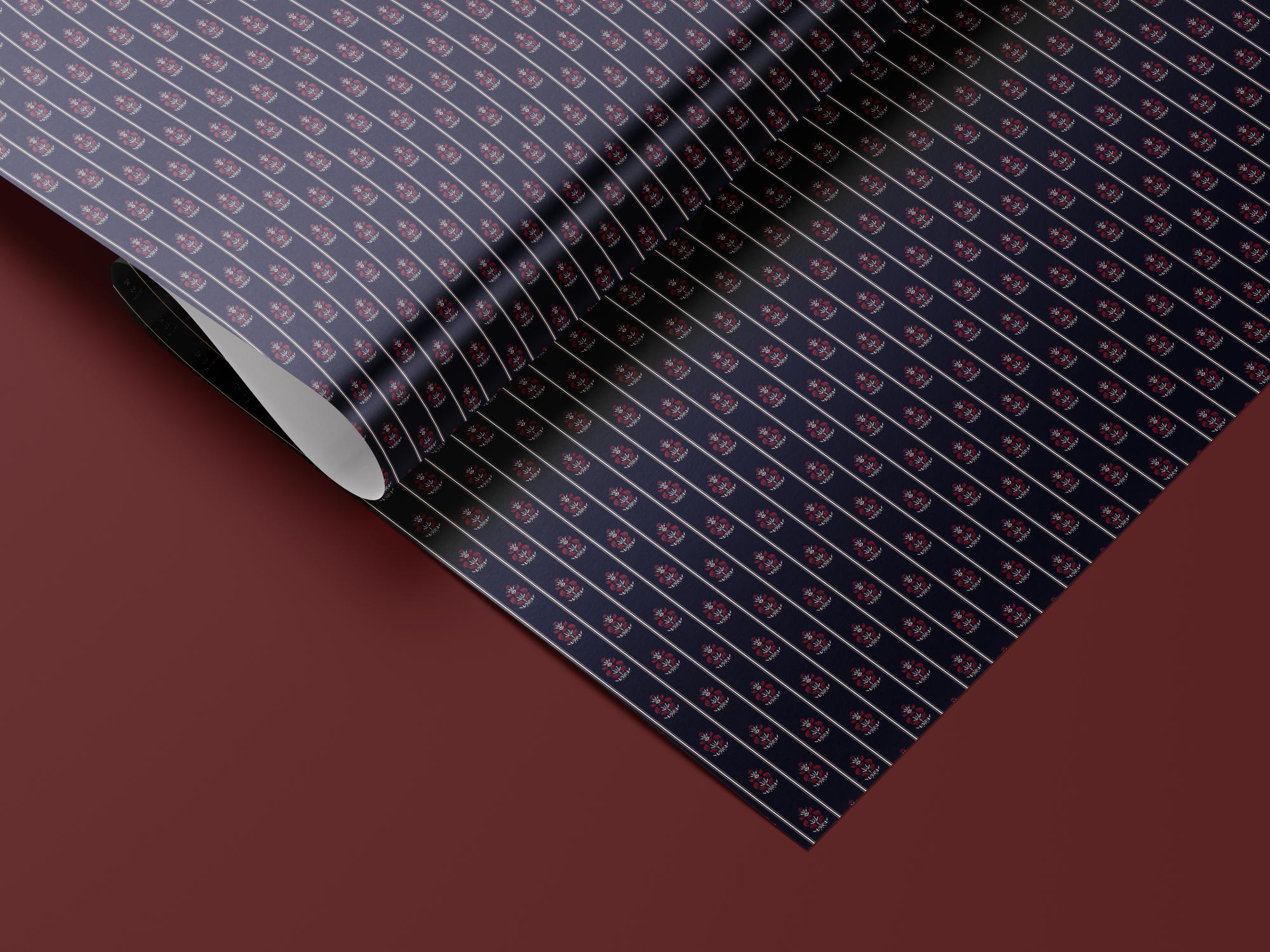 Navy Floral Wrapping Paper | Red Flowers & Pinstripe Gift Wrap