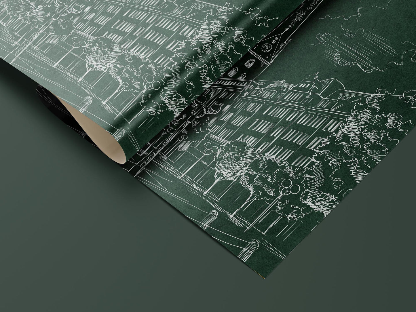 Deep Green Cityscape Wrapping Paper, Gloss or Matte Finish Elegant Luxury Christmas Gift Wrap