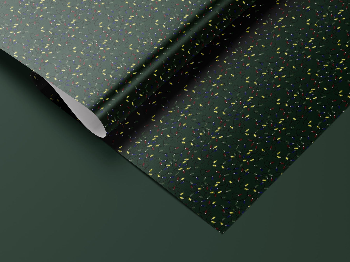 Luxury Christmas Lights Wrapping Paper, Elegant Green Holiday Gift Wrap Sheets, Festive Packaging with Colorful String Lights