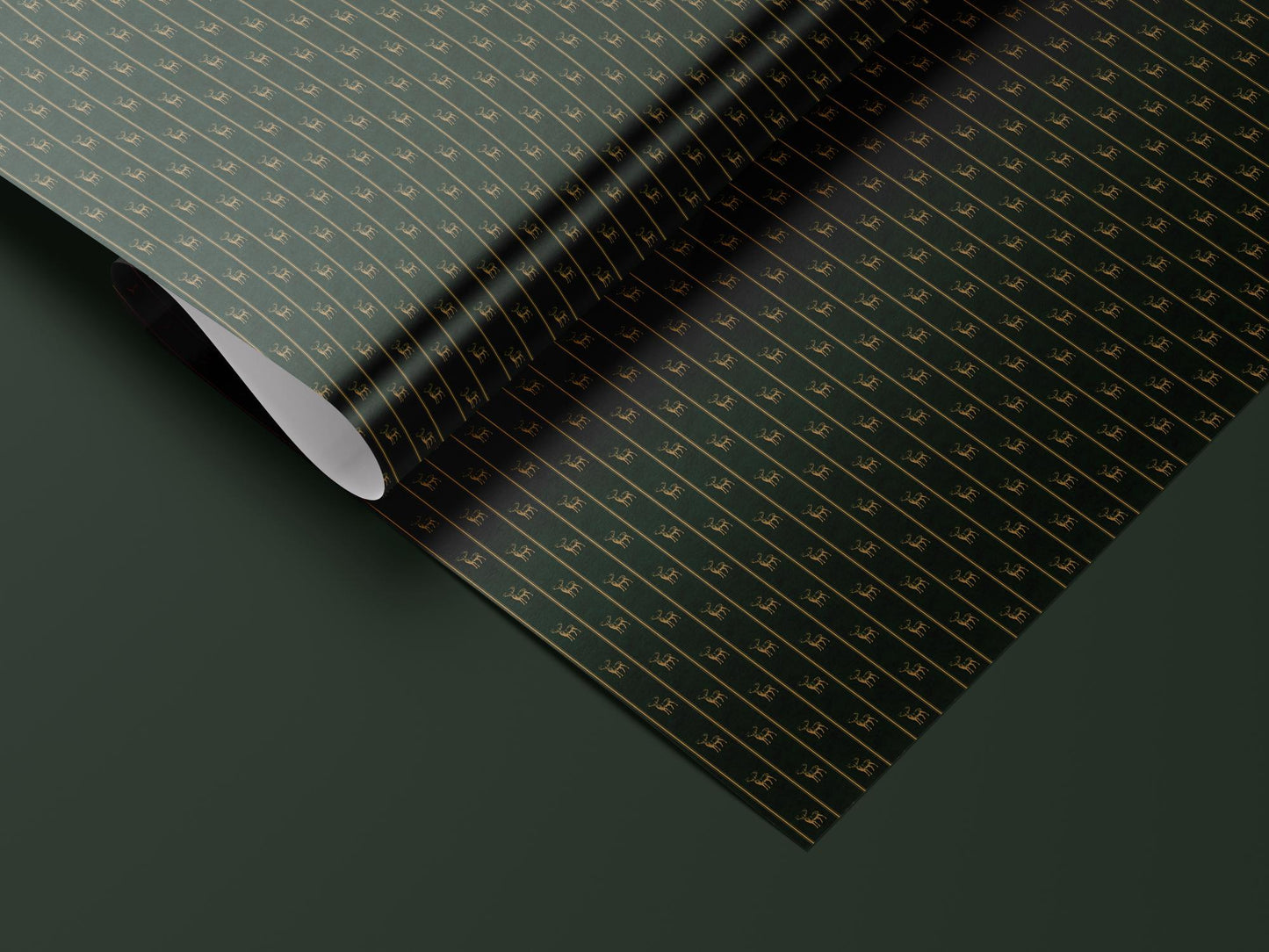 Deep Green Gold Deer Wrapping Paper, Gloss or Matte Finish Elegant Luxury Christmas Gift Wrap