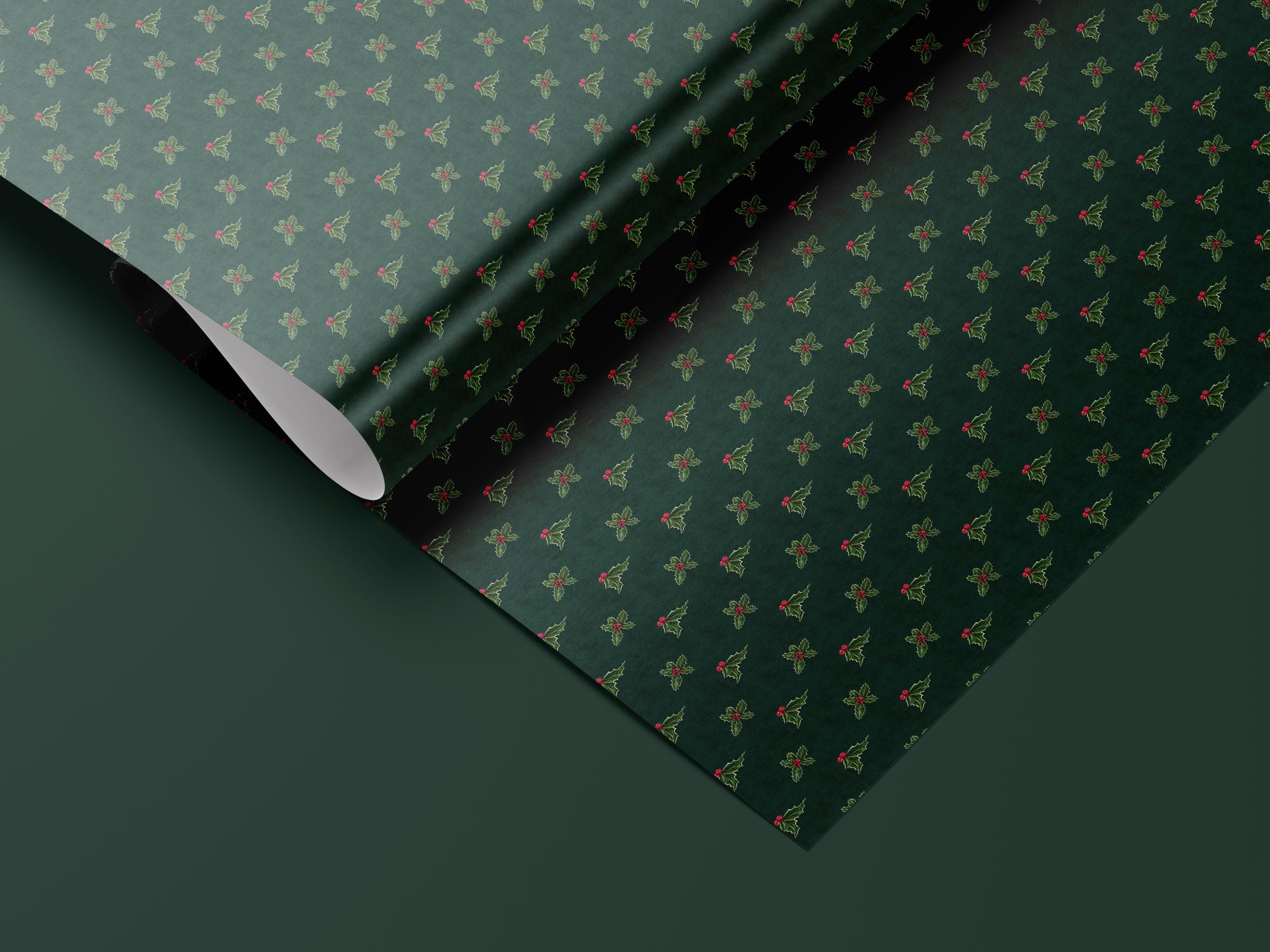 Deep Green Holly Wrapping Paper, Gloss or Matte Finish Elegant Luxury Christmas Gift Wrap