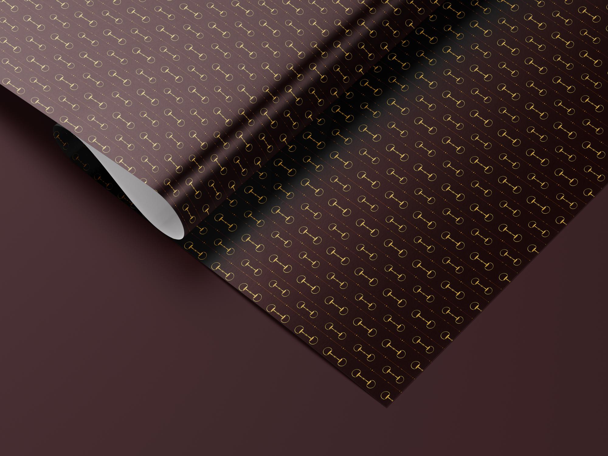 Brown & Gold Equestrian Snaffle Wrapping Paper, Gloss or Matte Finish Elegant Luxury Gift Wrap
