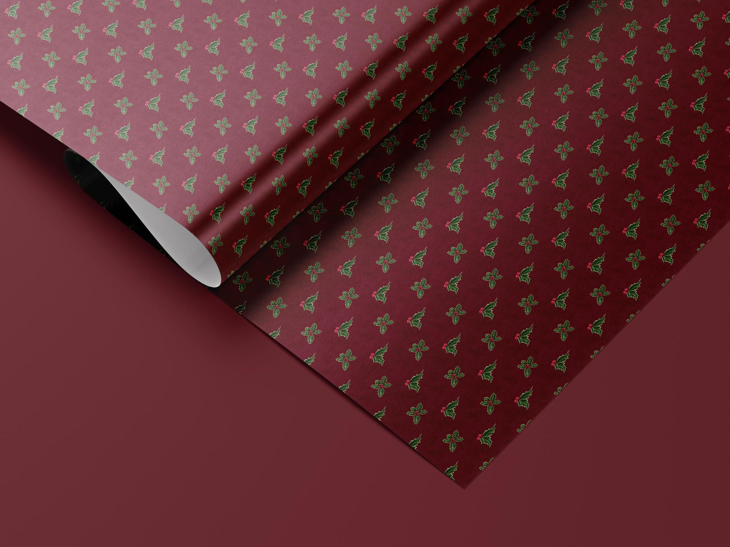 Luxury Holly Wrapping Paper | Elegant Burgundy Christmas Gift Wrap Sheets with Green Leaves & Red Berries