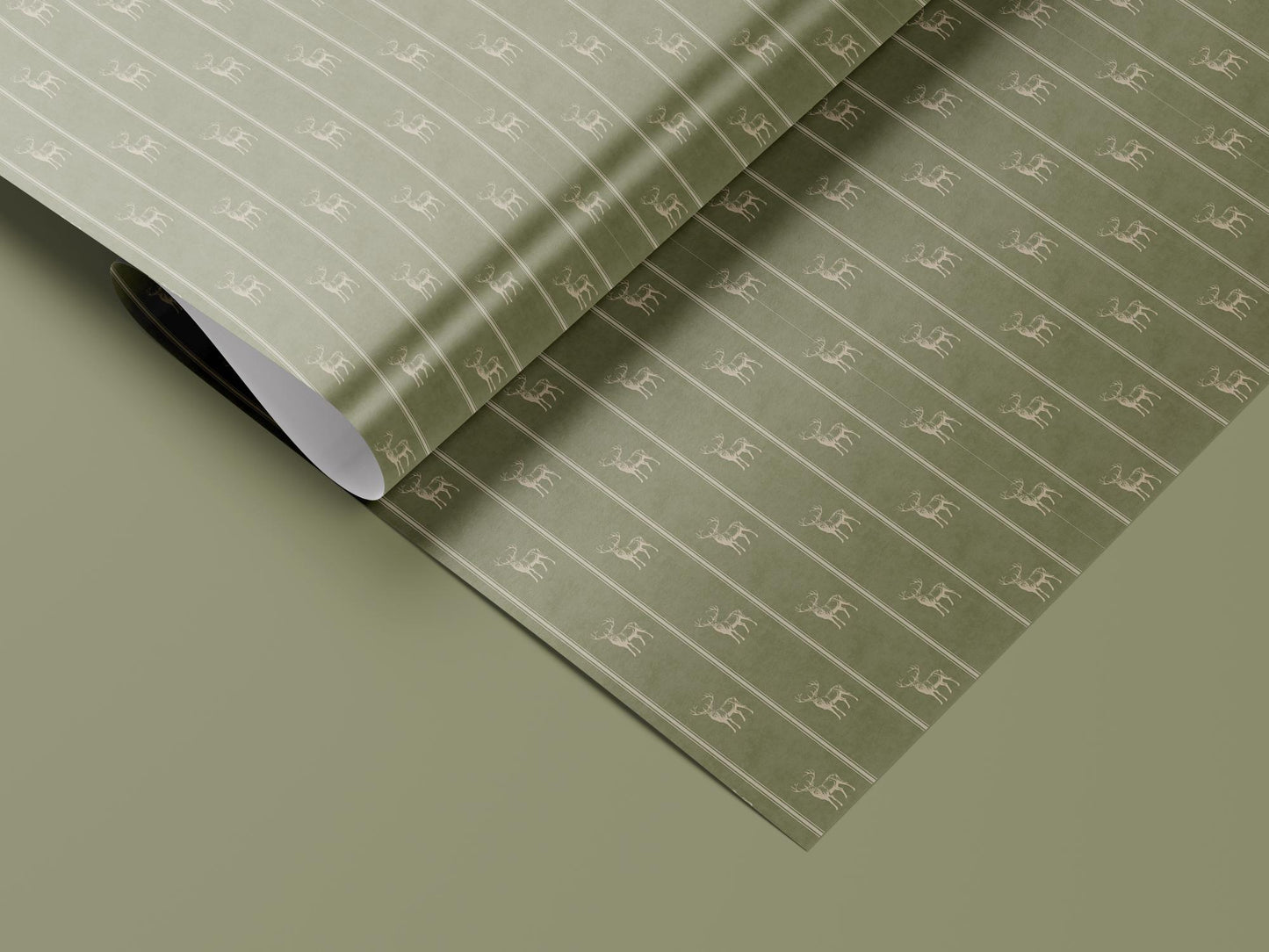 Sage Green Raindeer Wrapping Paper, Gloss or Matte Finish Elegant Luxury Christmas Gift Wrap