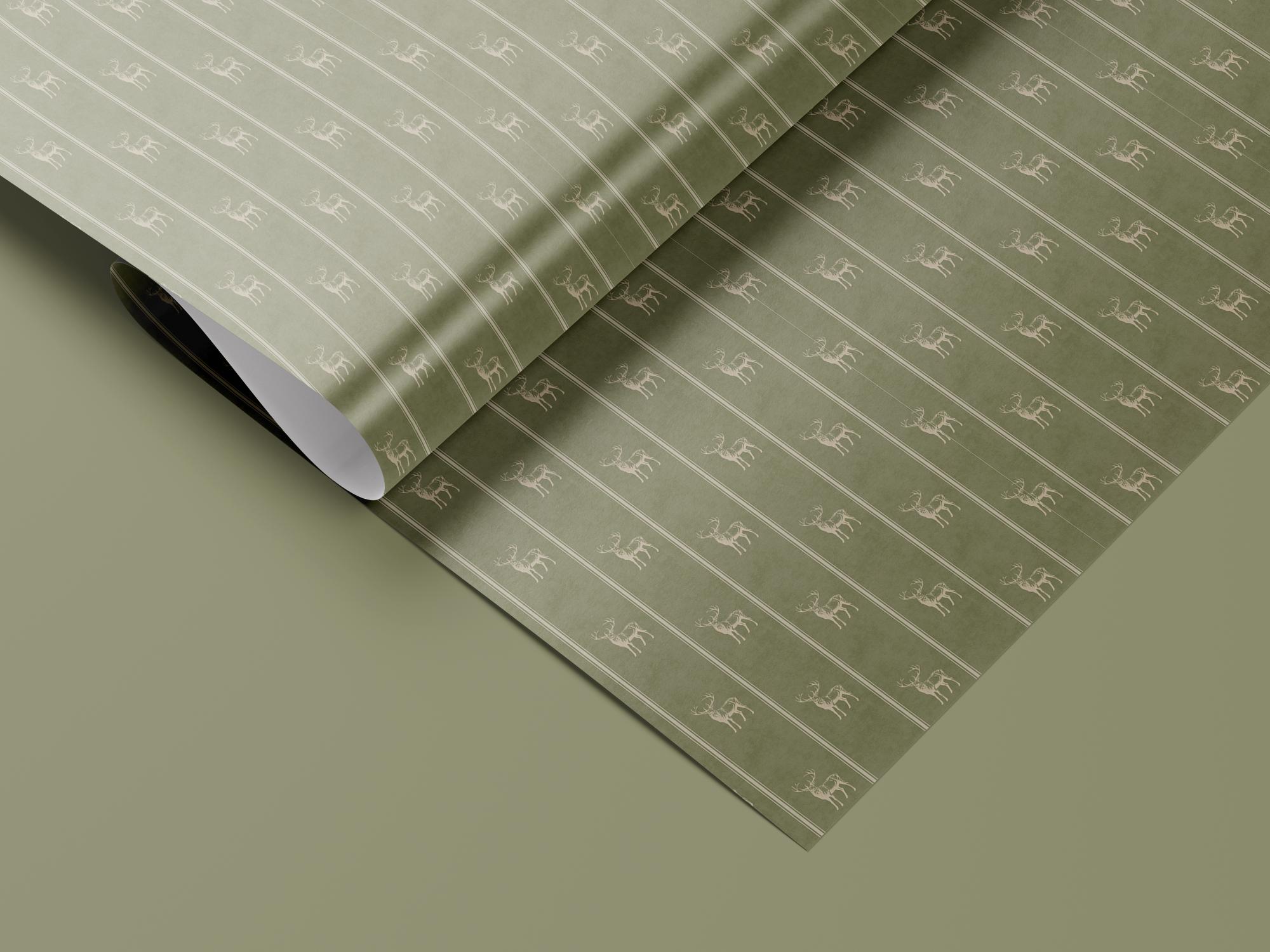 Sage Green Raindeer Wrapping Paper, Gloss or Matte Finish Elegant Luxury Christmas Gift Wrap