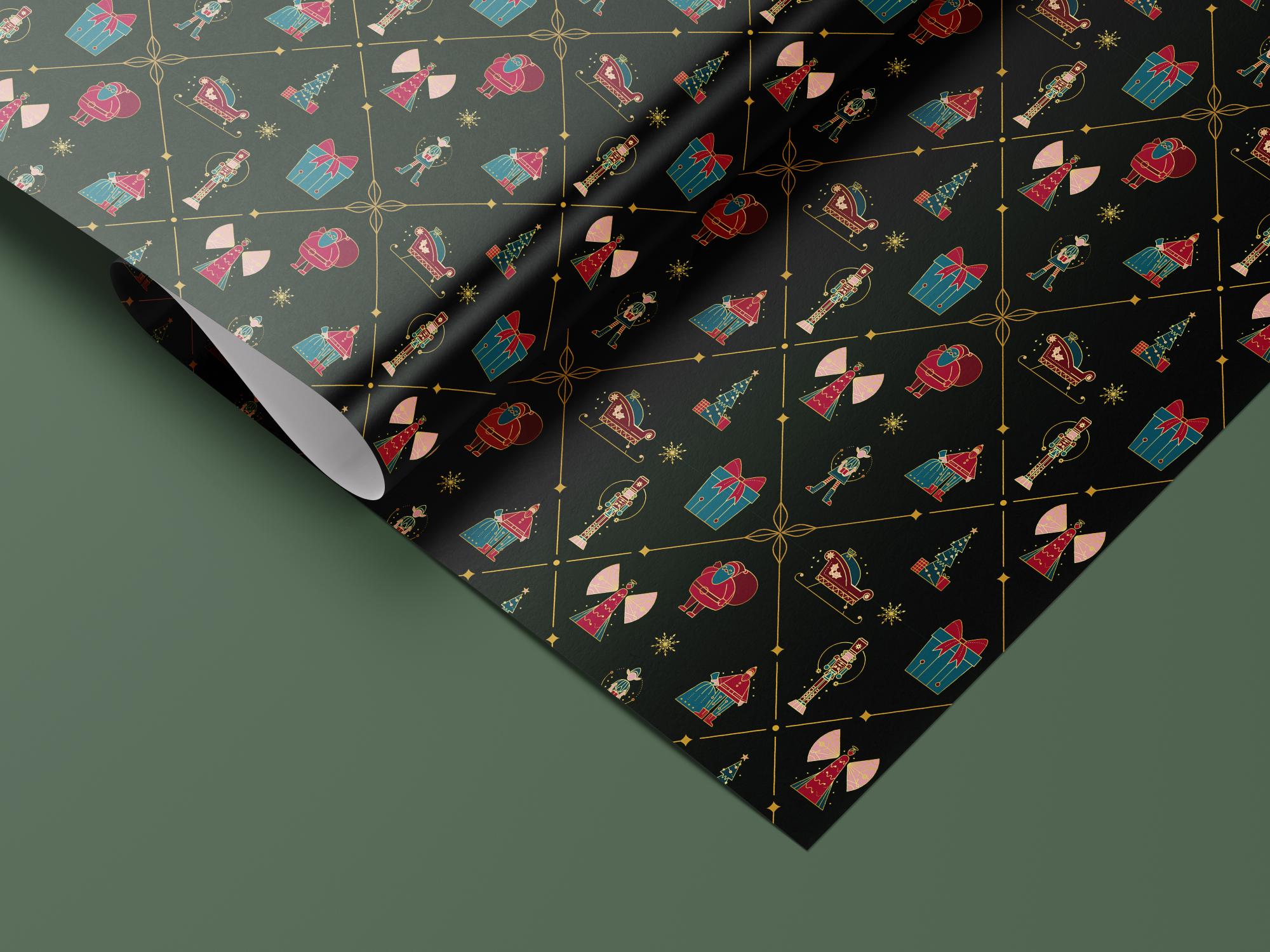 Christmas Gift Wrapping Paper, Green Holiday Gift Wrap Sheet with Nutcracker, Tree, Sleigh and Present Pattern in Glossy or Matte Finish