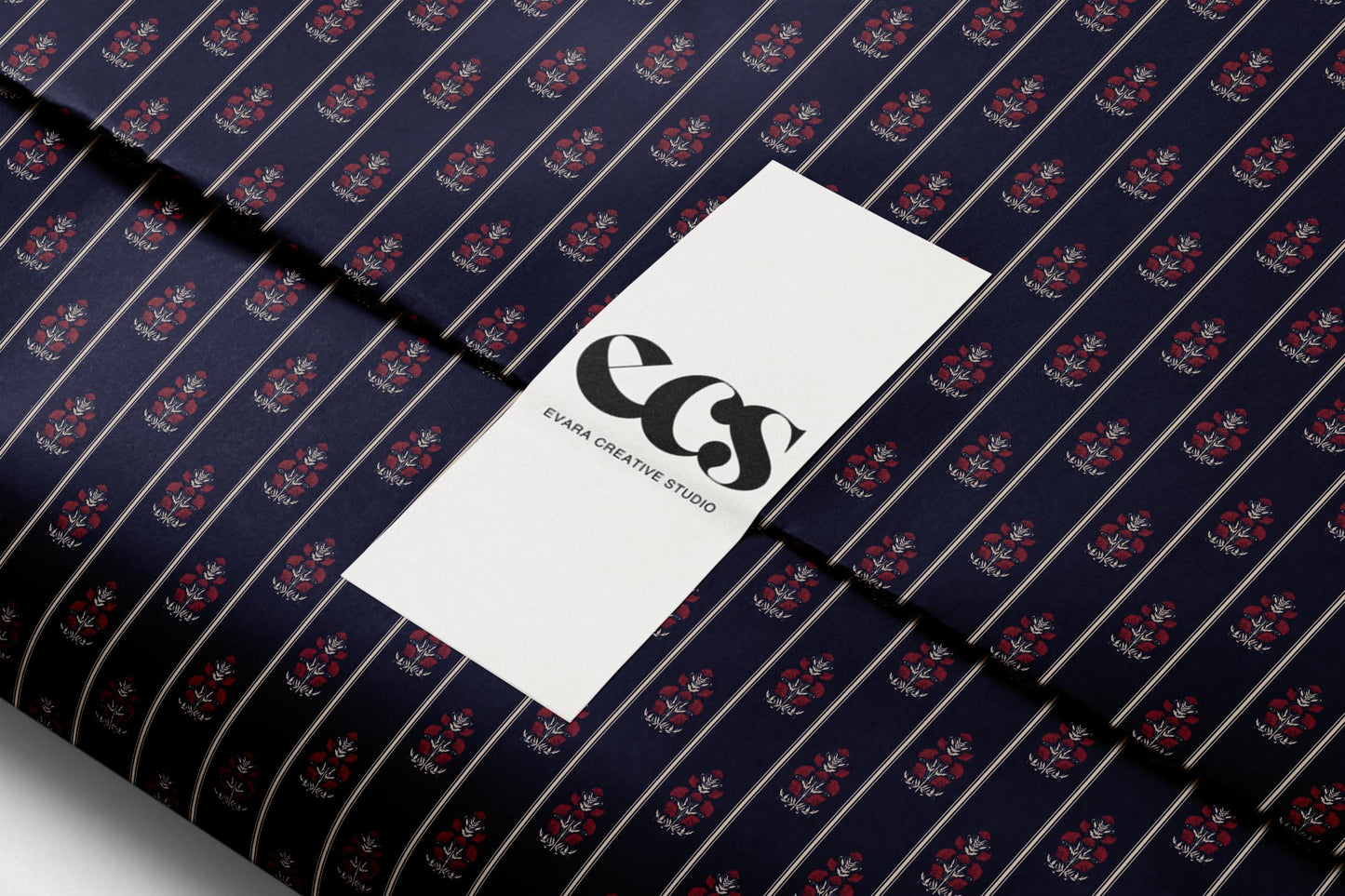 Navy Floral Wrapping Paper | Red Flowers & Pinstripe Gift Wrap