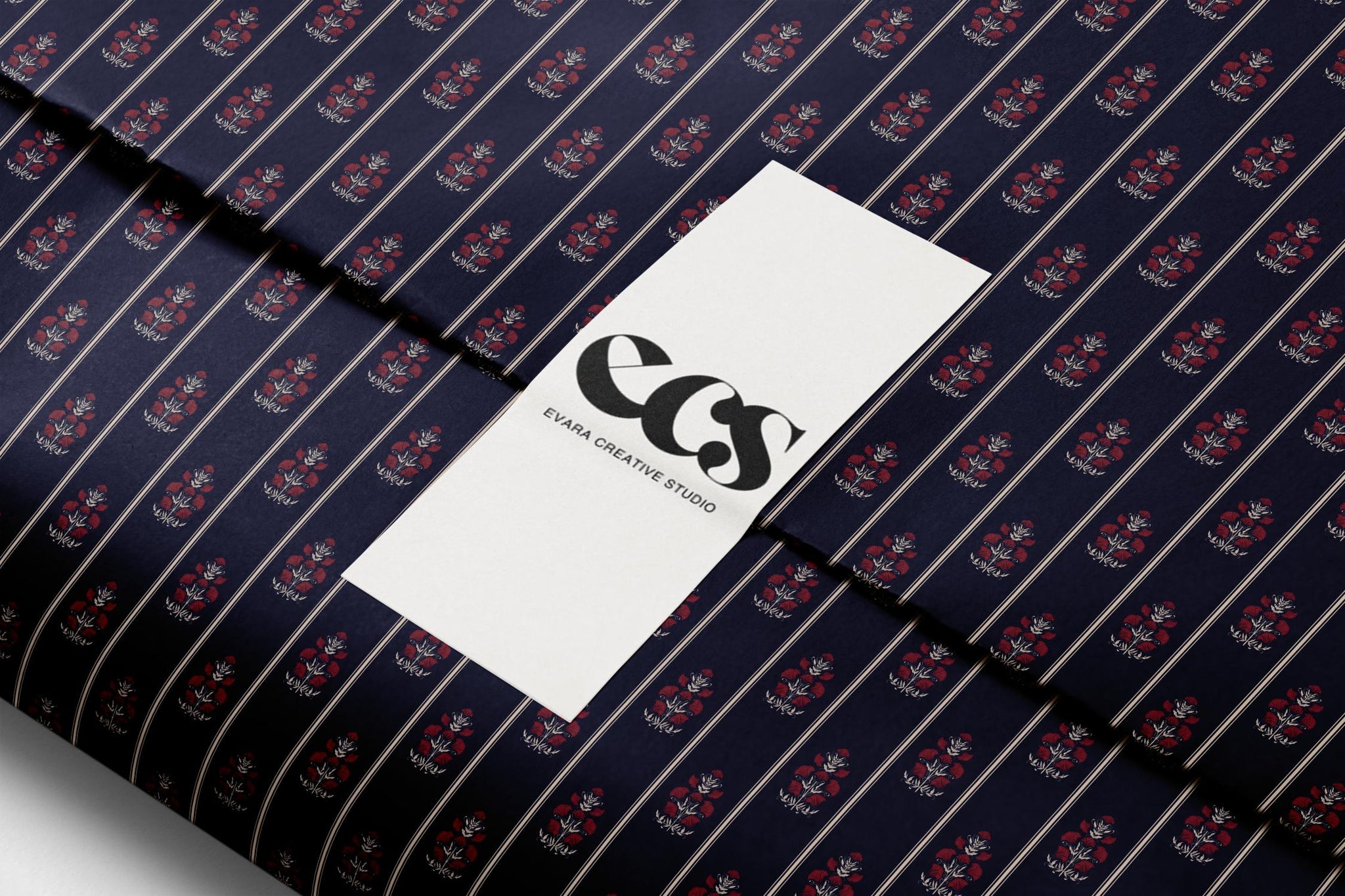 Navy Floral Wrapping Paper | Red Flowers & Pinstripe Gift Wrap