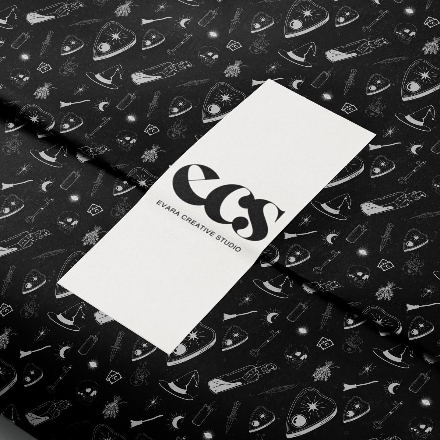 Black Halloween Gift Wrapping Paper, Gothic Witchy Wrap Sheet with Ouija Board, Skull and Mystic Pattern in Glossy or Matte Finish