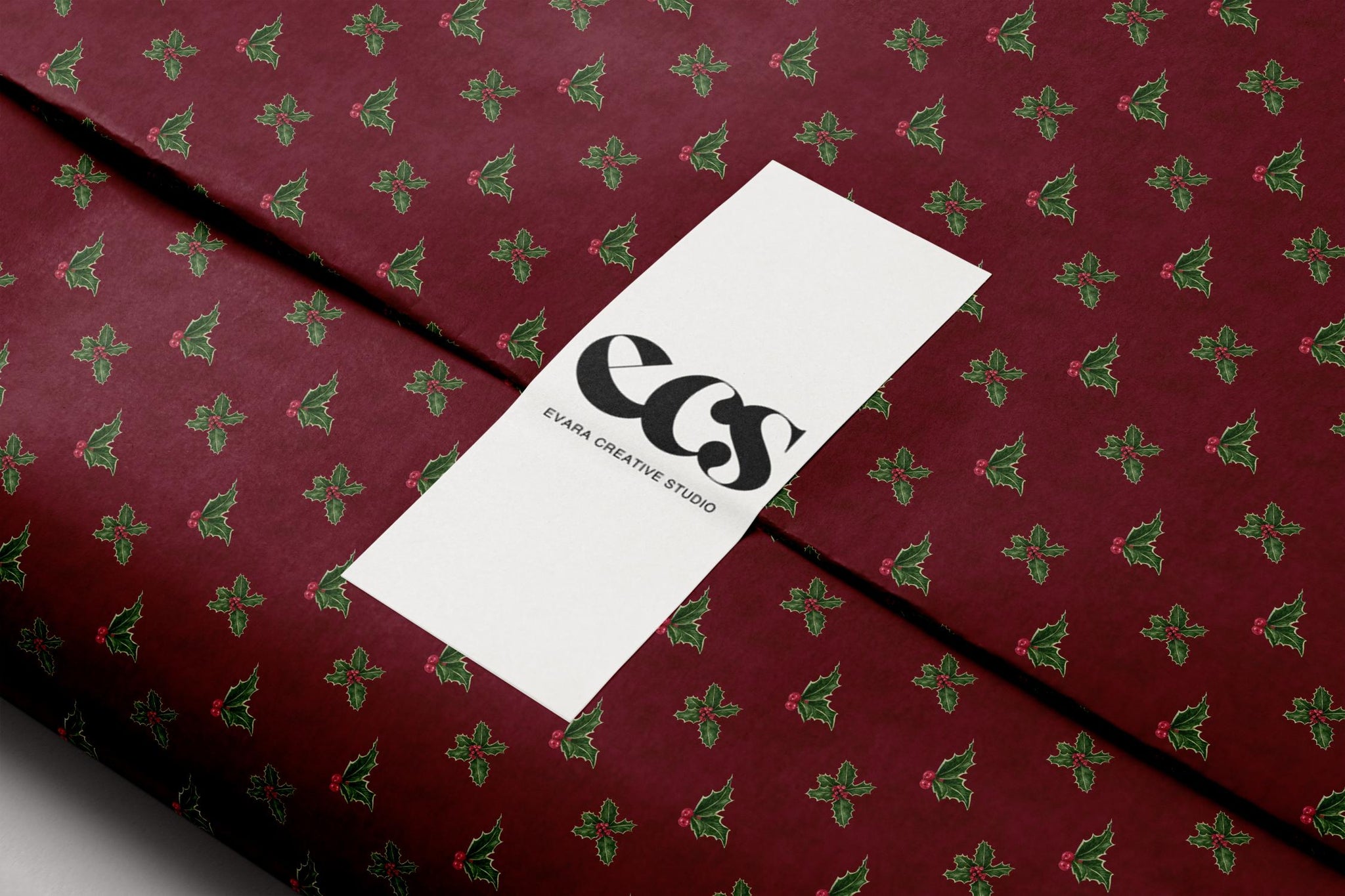 Luxury Holly Wrapping Paper | Elegant Burgundy Christmas Gift Wrap Sheets with Green Leaves & Red Berries