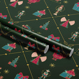 Christmas Gift Wrapping Paper, Green Holiday Gift Wrap Sheet with Nutcracker, Tree, Sleigh and Present Pattern in Glossy or Matte Finish