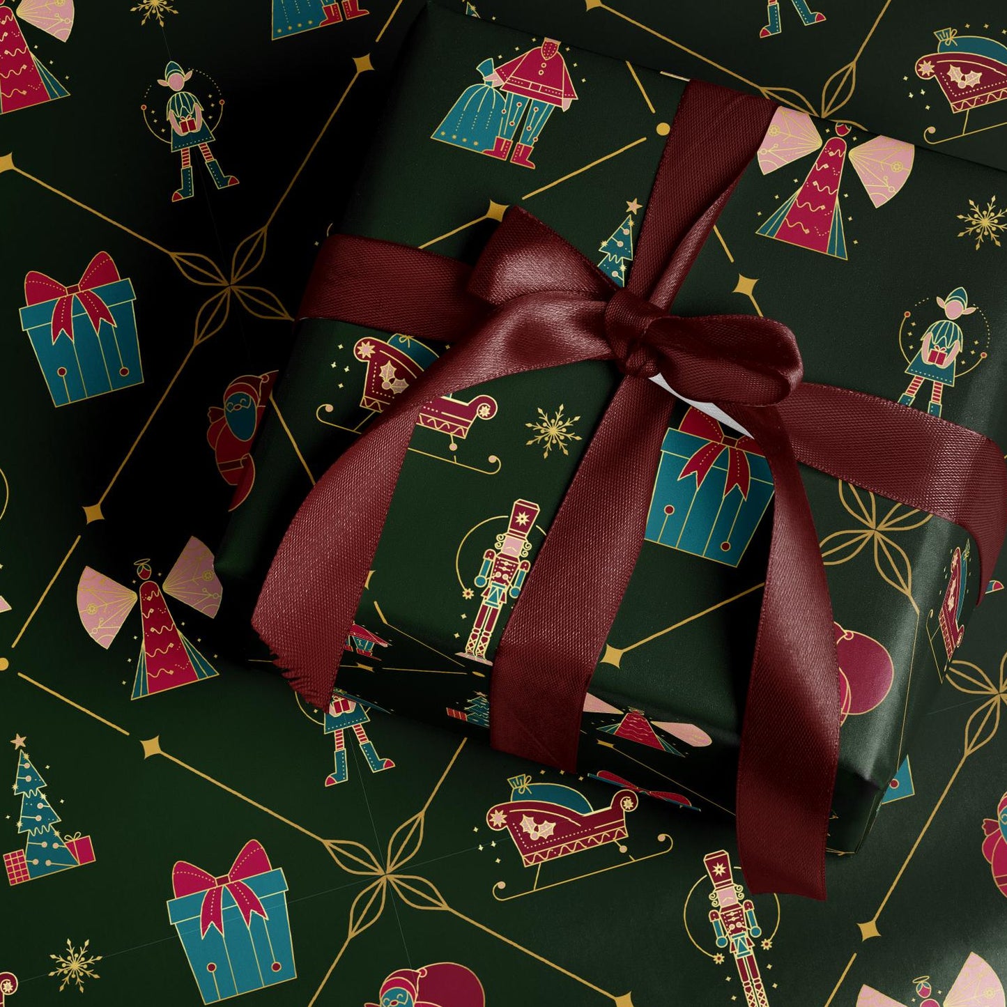 Christmas Gift Wrapping Paper, Green Holiday Gift Wrap Sheet with Nutcracker, Tree, Sleigh and Present Pattern in Glossy or Matte Finish