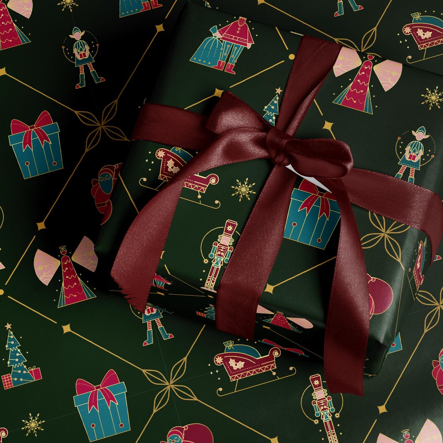 Christmas Gift Wrapping Paper, Green Holiday Gift Wrap Sheet with Nutcracker, Tree, Sleigh and Present Pattern in Glossy or Matte Finish