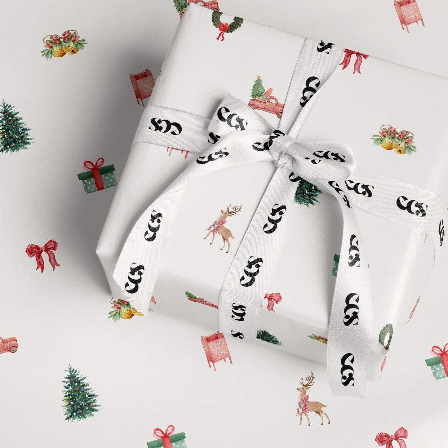 Reindeer and red truck Christmas wrapping paper — Evara Creative Studio