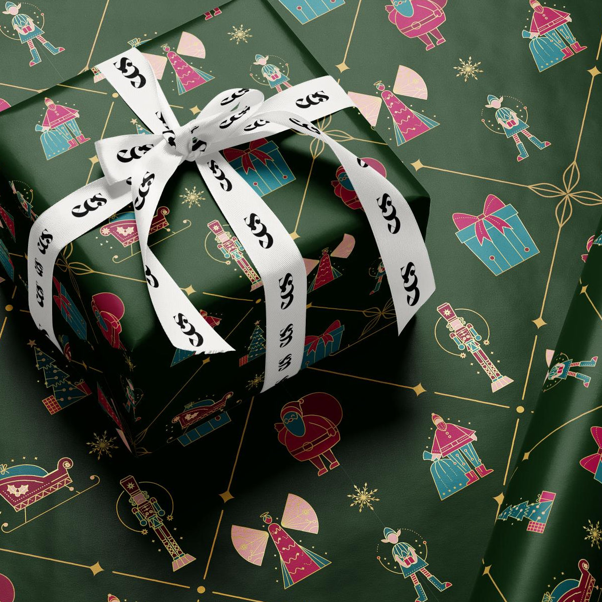Christmas Gift Wrapping Paper, Green Holiday Gift Wrap Sheet with Nutcracker, Tree, Sleigh and Present Pattern in Glossy or Matte Finish
