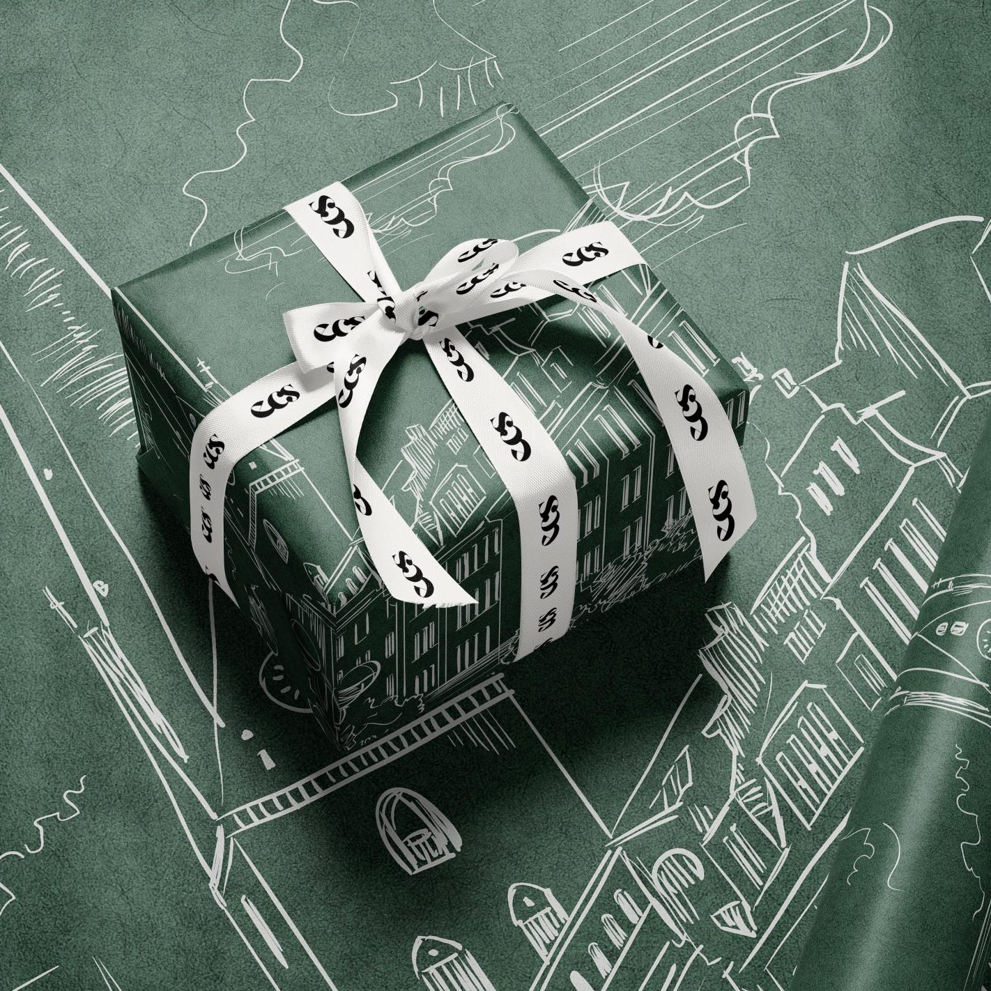 Deep Green Cityscape Wrapping Paper, Gloss or Matte Finish Elegant Luxury Christmas Gift Wrap