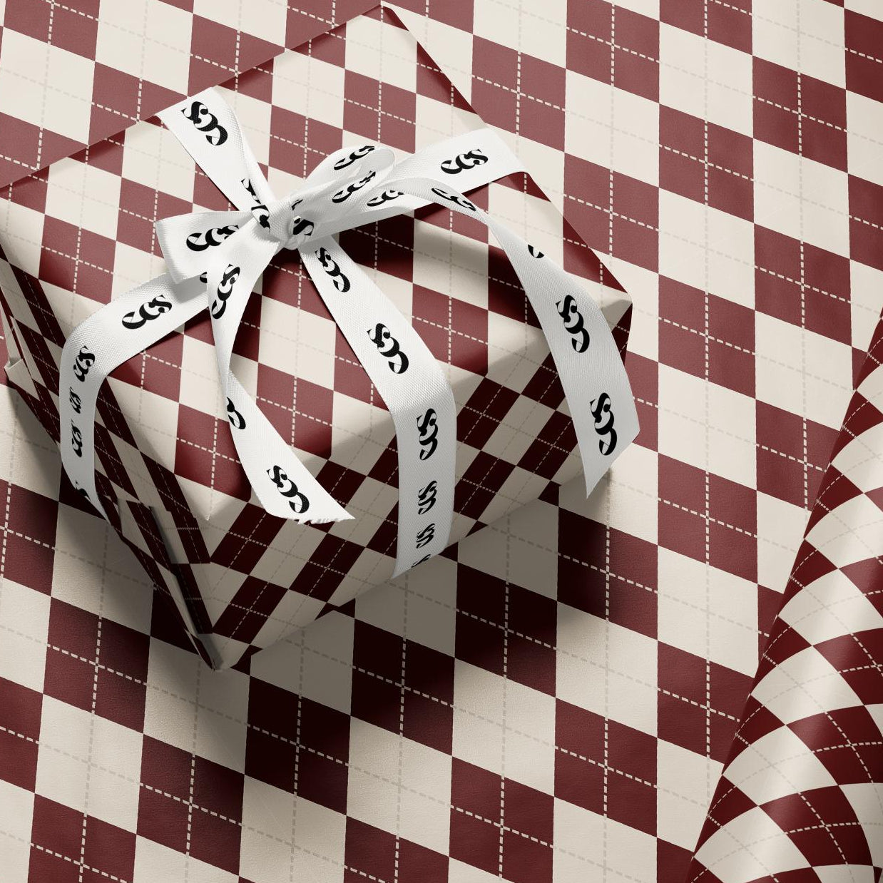 Maroon & Ivory Checkered Wrapping Paper | Vintage Elegant Gift Wrap