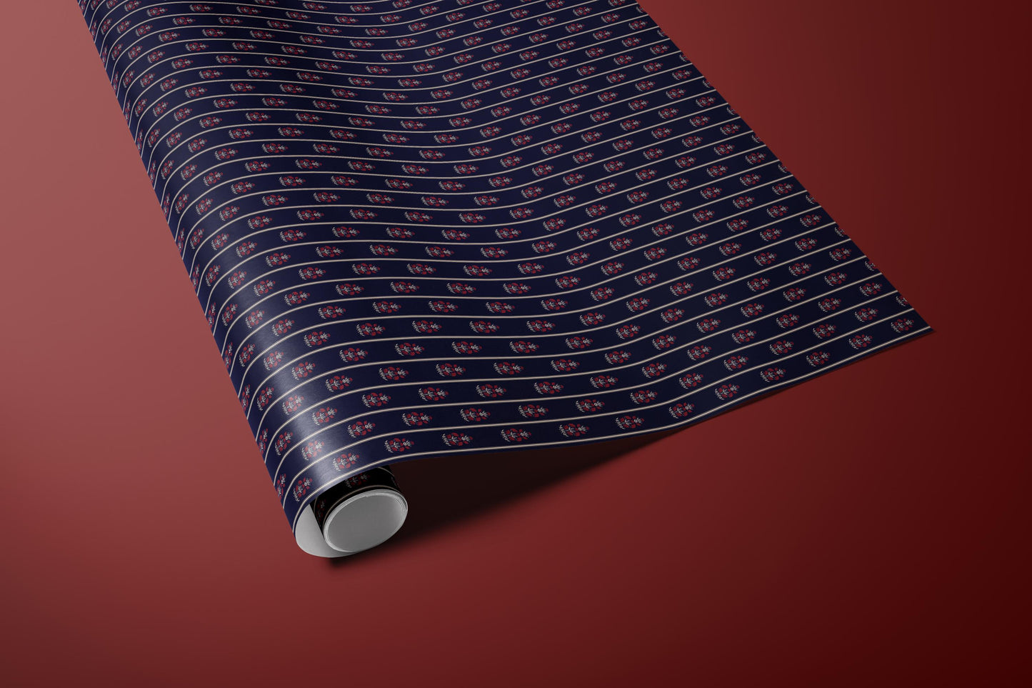 Navy Floral Wrapping Paper | Red Flowers & Pinstripe Gift Wrap