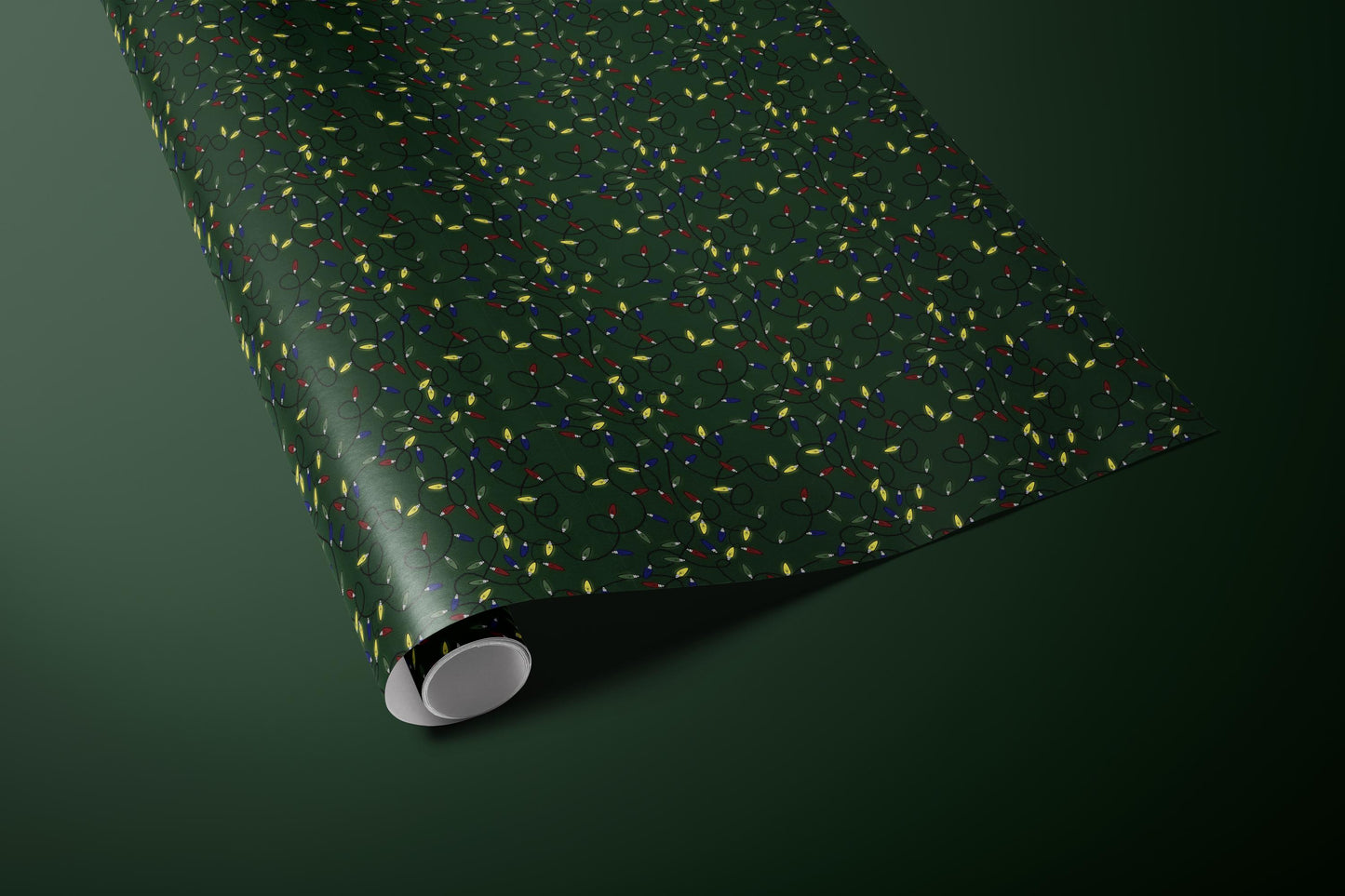 Luxury Christmas Lights Wrapping Paper, Elegant Green Holiday Gift Wrap Sheets, Festive Packaging with Colorful String Lights