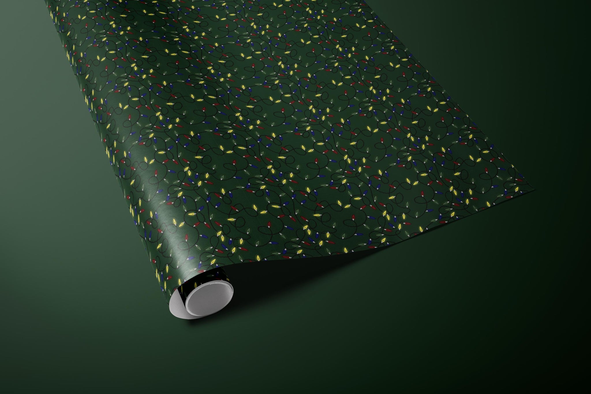 Luxury Christmas Lights Wrapping Paper, Elegant Green Holiday Gift Wrap Sheets, Festive Packaging with Colorful String Lights