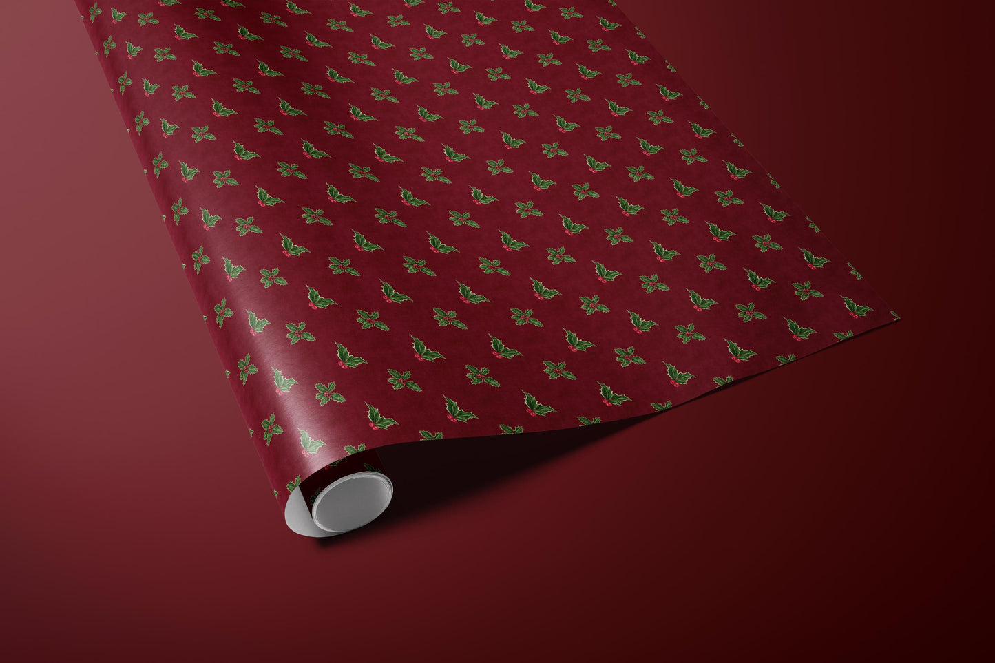Luxury Holly Wrapping Paper | Elegant Burgundy Christmas Gift Wrap Sheets with Green Leaves & Red Berries