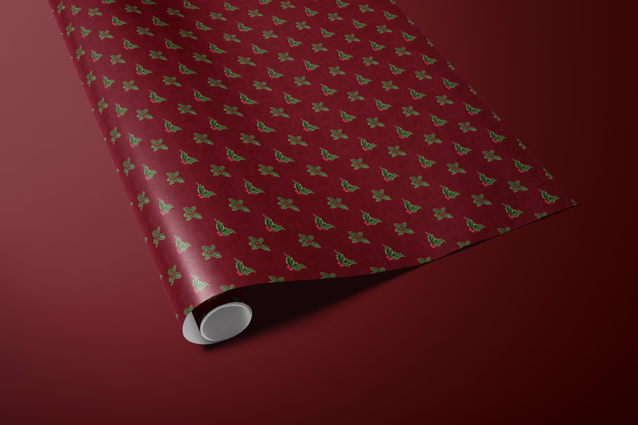 Luxury Holly Wrapping Paper | Elegant Burgundy Christmas Gift Wrap Sheets with Green Leaves & Red Berries