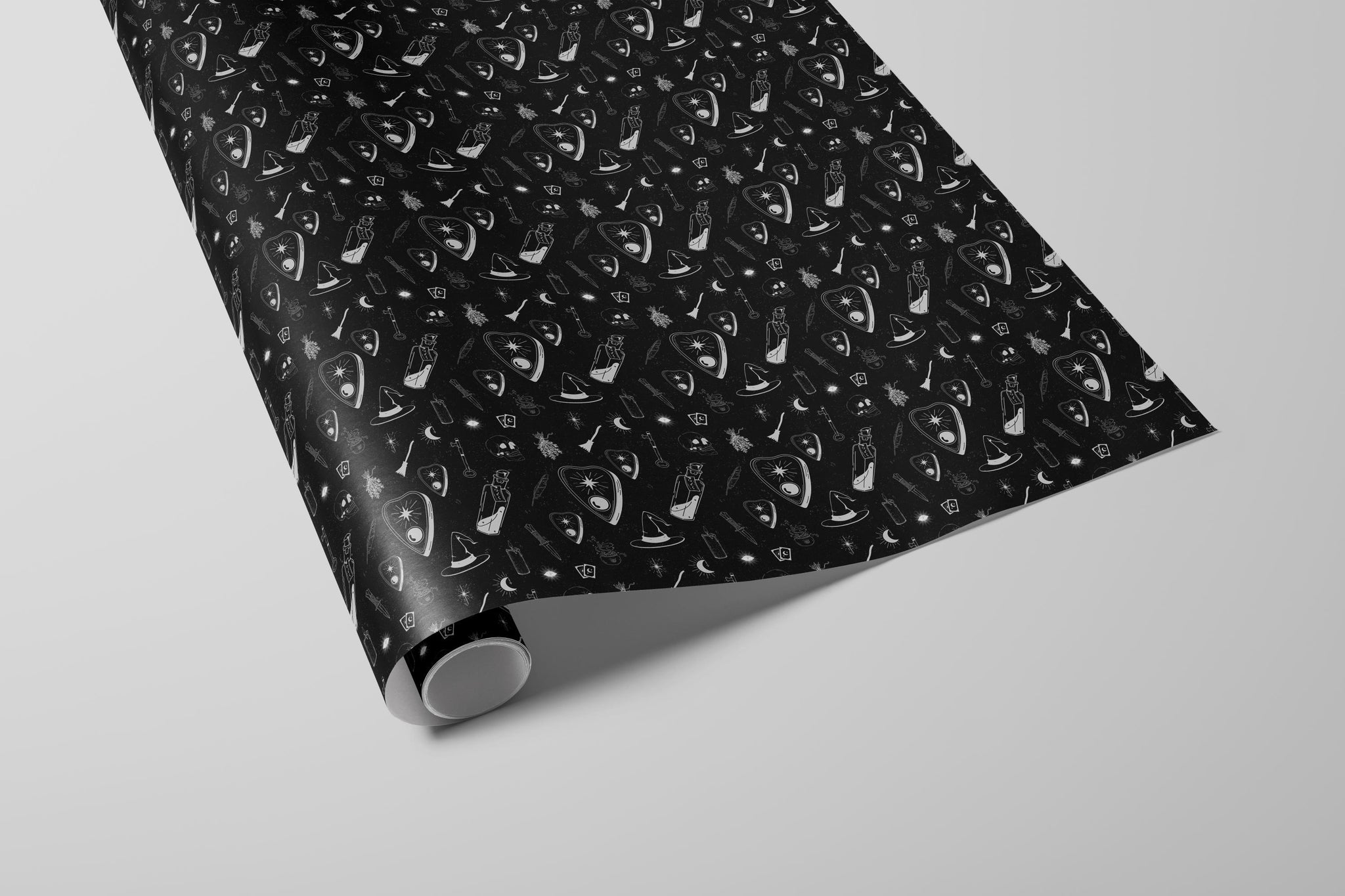 Black Halloween Gift Wrapping Paper, Gothic Witchy Wrap Sheet with Ouija Board, Skull and Mystic Pattern in Glossy or Matte Finish