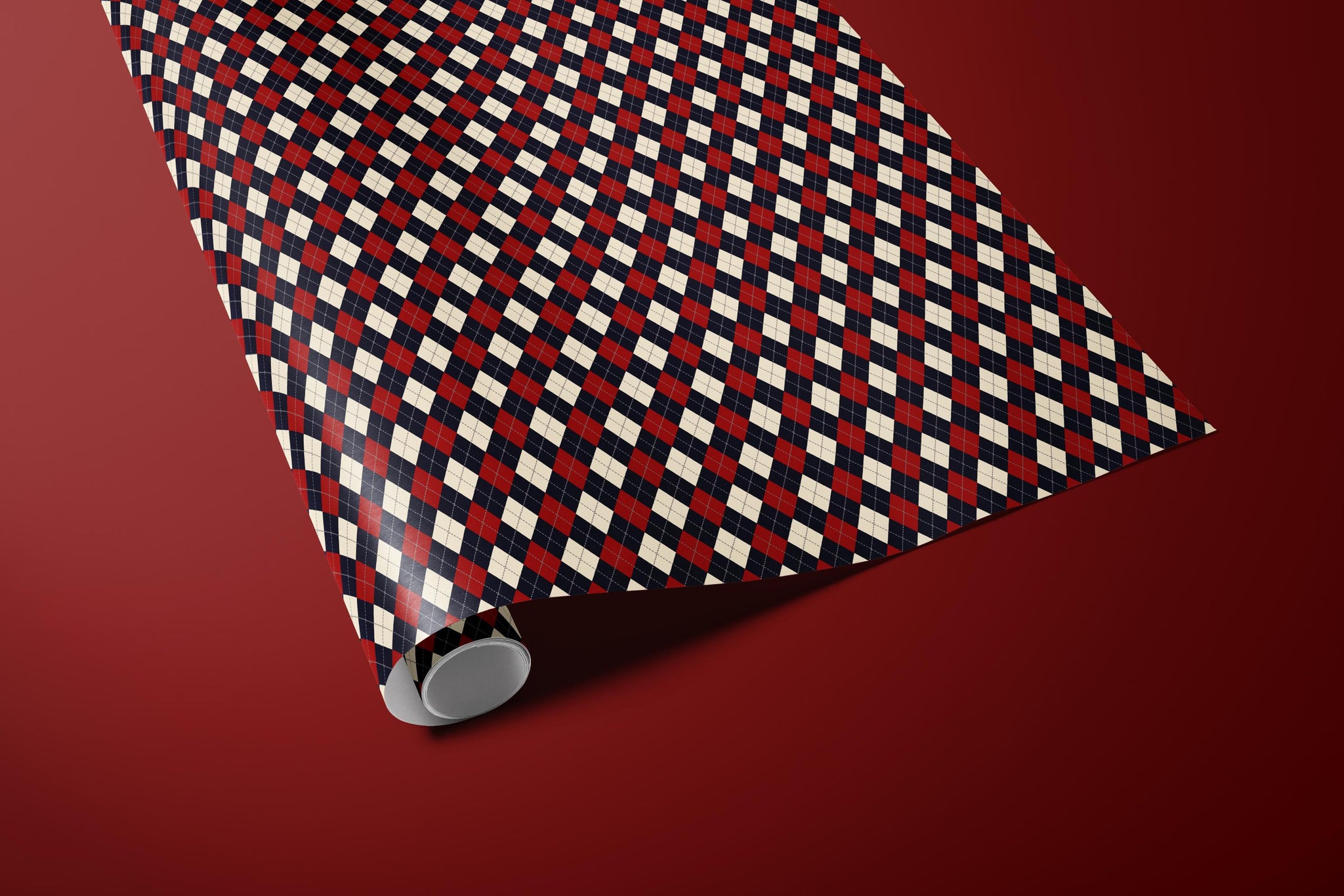 Luxury Argyle Wrapping Paper, Elegant Red, Navy and Cream Plaid Gift Wrap, Classic Christmas and Year-Round Packaging