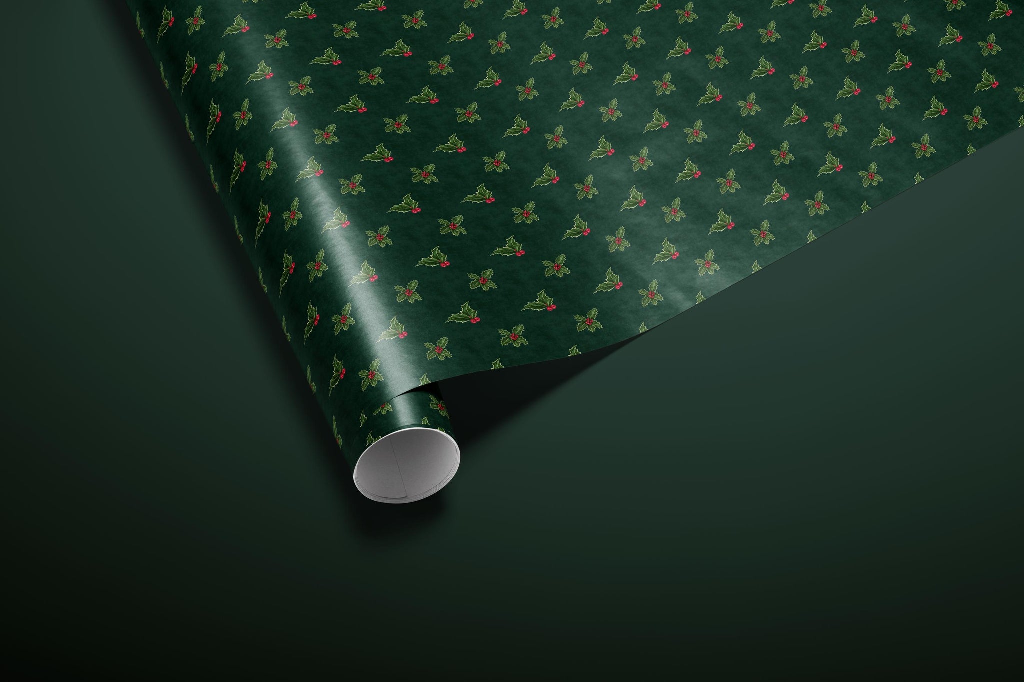 Deep Green Holly Wrapping Paper, Gloss or Matte Finish Elegant Luxury Christmas Gift Wrap