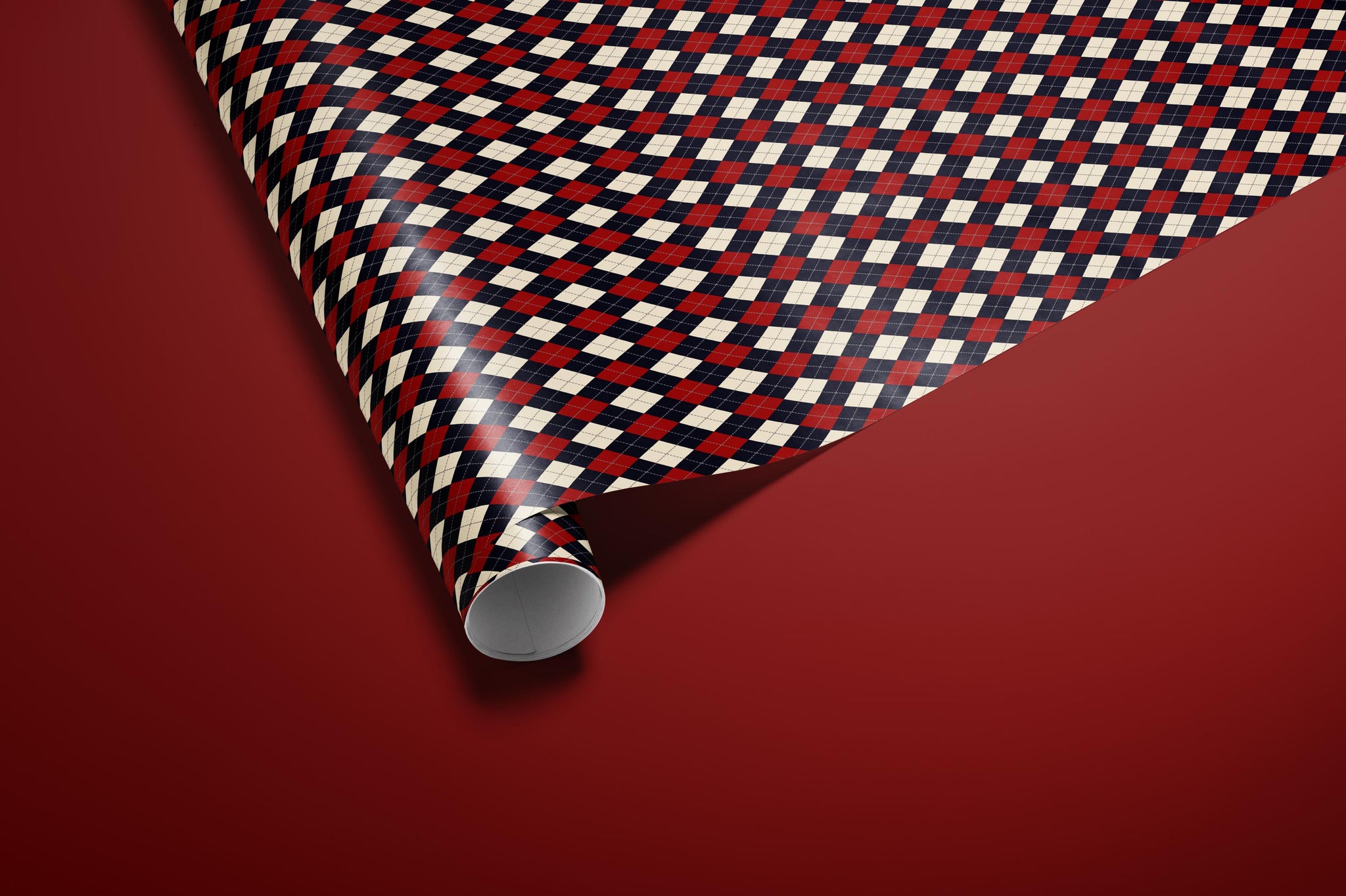 Luxury Argyle Wrapping Paper, Elegant Red, Navy and Cream Plaid Gift Wrap, Classic Christmas and Year-Round Packaging