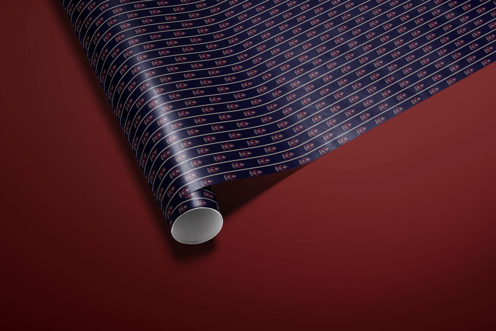 Navy Floral Wrapping Paper | Red Flowers & Pinstripe Gift Wrap