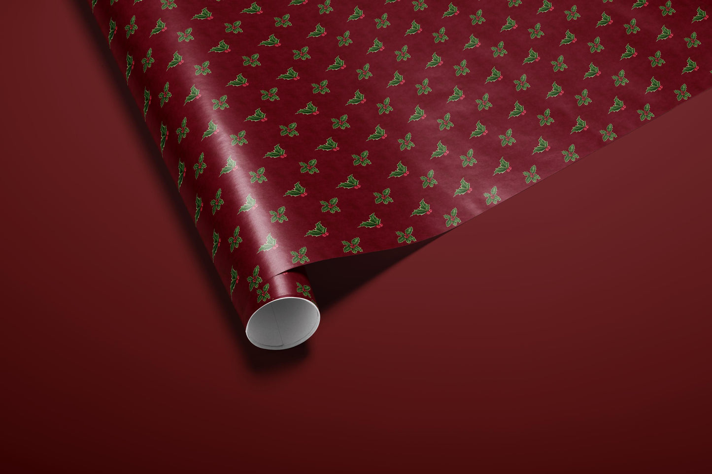 Luxury Holly Wrapping Paper | Elegant Burgundy Christmas Gift Wrap Sheets with Green Leaves & Red Berries