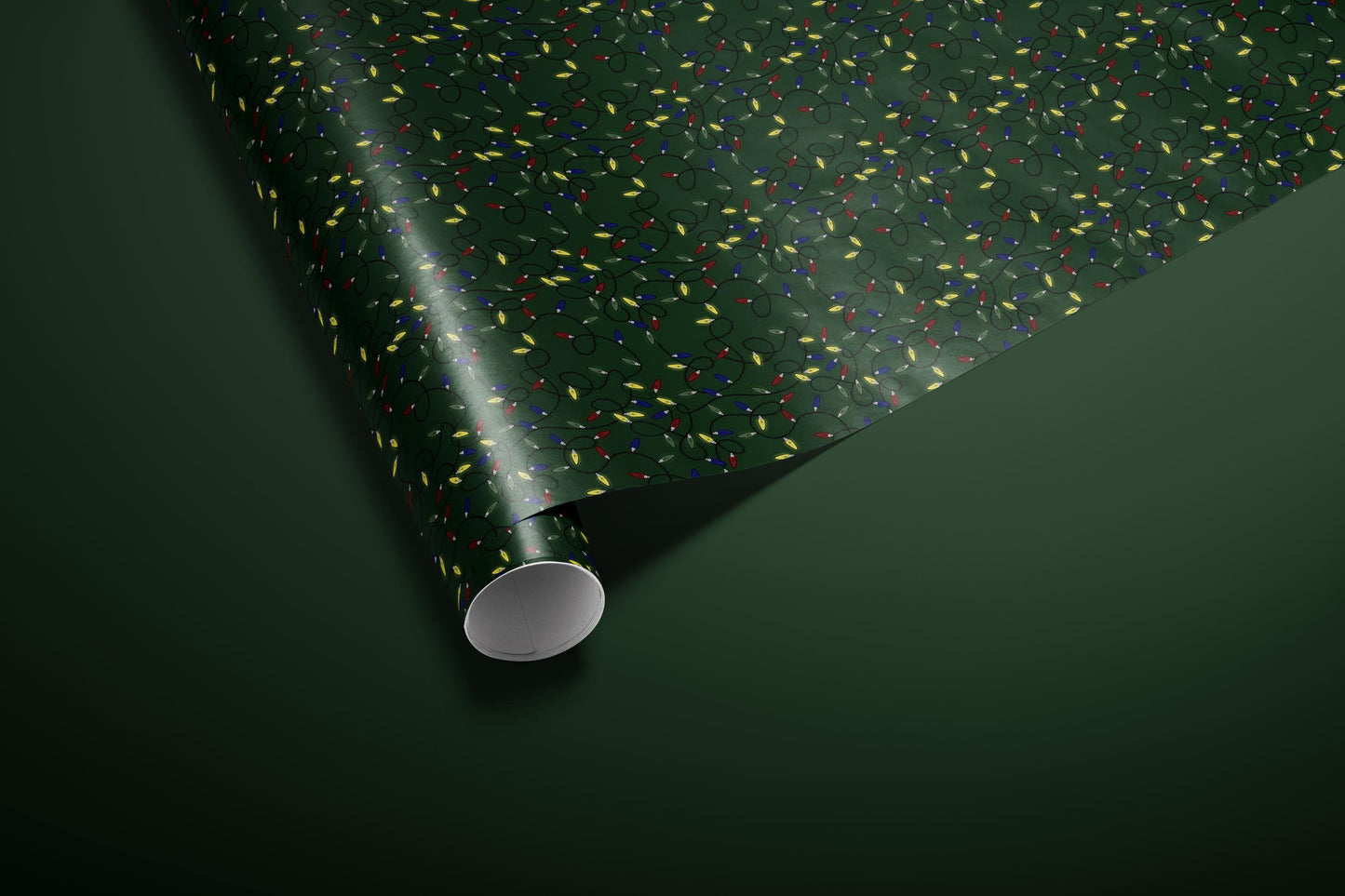 Luxury Christmas Lights Wrapping Paper, Elegant Green Holiday Gift Wrap Sheets, Festive Packaging with Colorful String Lights