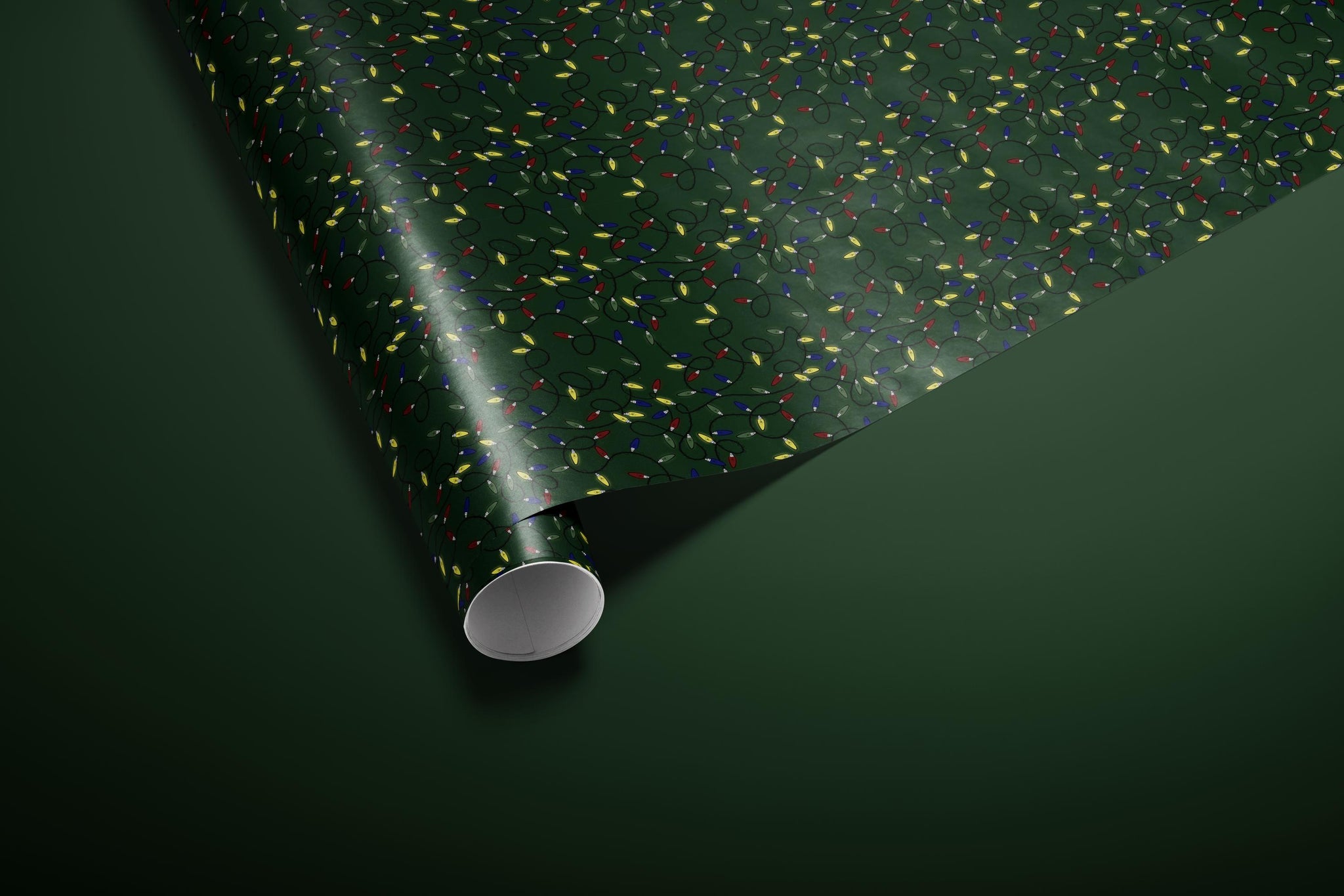 Luxury Christmas Lights Wrapping Paper, Elegant Green Holiday Gift Wrap Sheets, Festive Packaging with Colorful String Lights