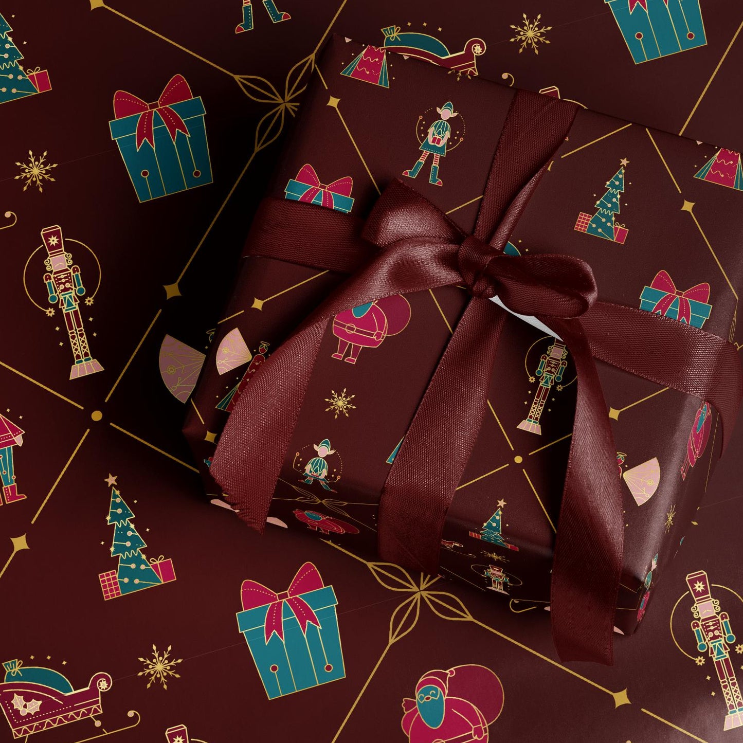 Burgundy Nutcracker Christmas Wrapping Paper, Gloss or Matte Finish Elegant Luxury Holiday Gift Wrap
