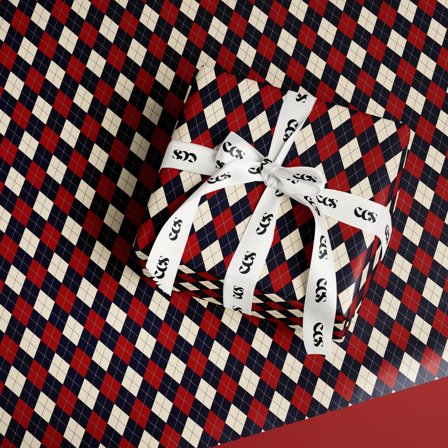 Luxury Argyle Wrapping Paper, Elegant Red, Navy and Cream Plaid Gift Wrap, Classic Christmas and Year-Round Packaging