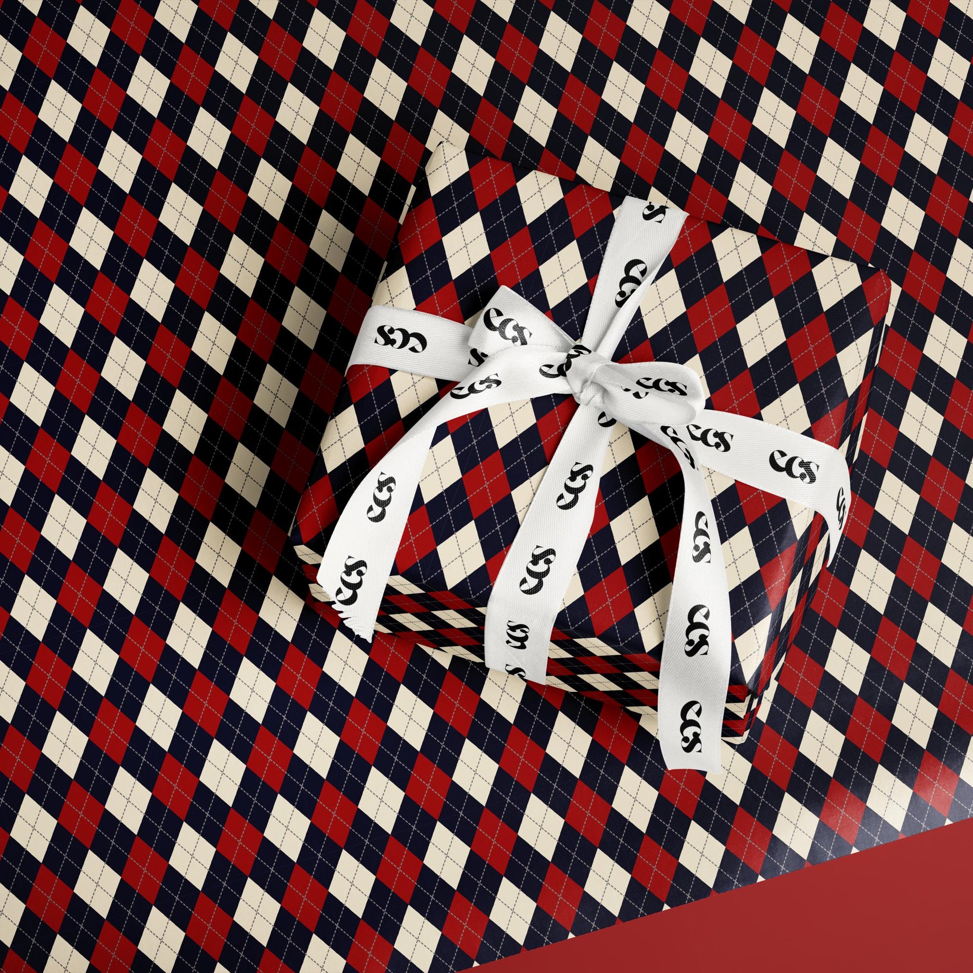 Luxury Argyle Wrapping Paper, Elegant Red, Navy and Cream Plaid Gift Wrap, Classic Christmas and Year-Round Packaging