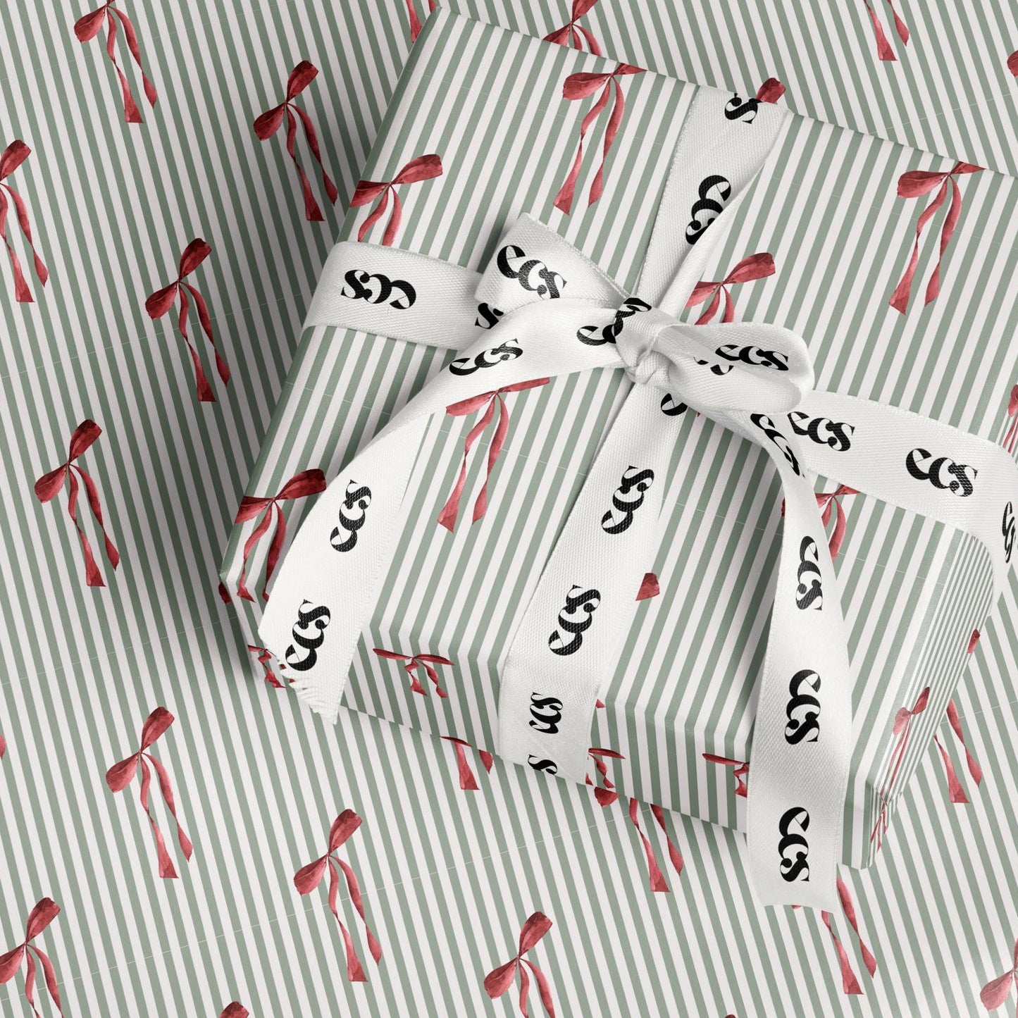 Elegant Striped Floral Wrap for Birthdays, Striped Gift Wrapping Paper, Green and White Stripe Holiday Wrap Sheet in Glossy or Matte Finish