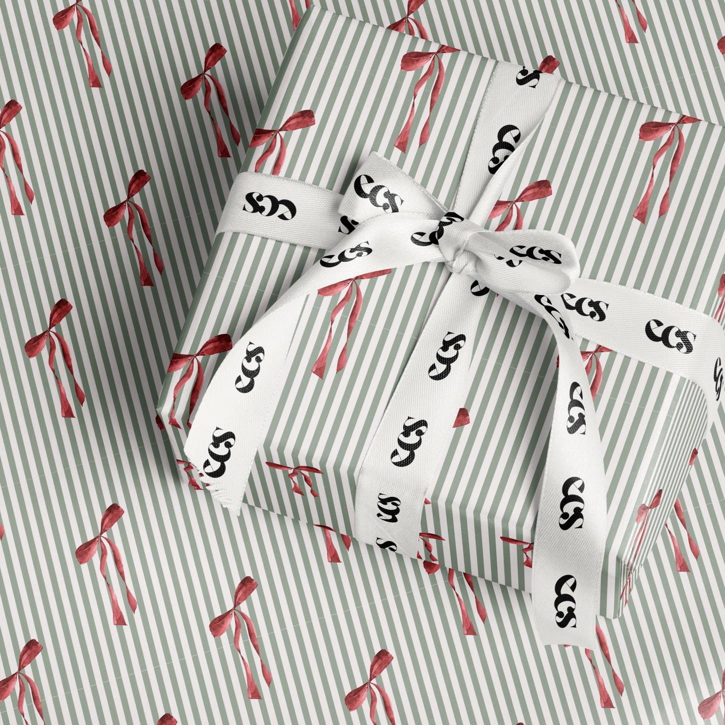 Elegant Striped Floral Wrap for Birthdays, Striped Gift Wrapping Paper, Green and White Stripe Holiday Wrap Sheet in Glossy or Matte Finish