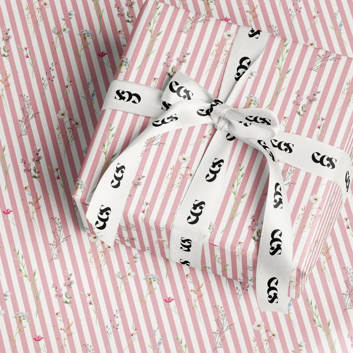 Pink striped floral wrapping paper — Evara Creative Studio