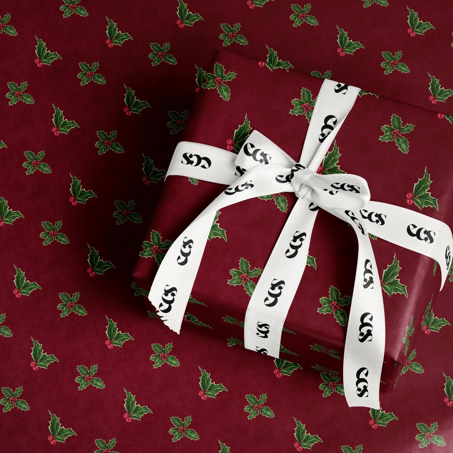 Luxury Holly Wrapping Paper | Elegant Burgundy Christmas Gift Wrap Sheets with Green Leaves & Red Berries