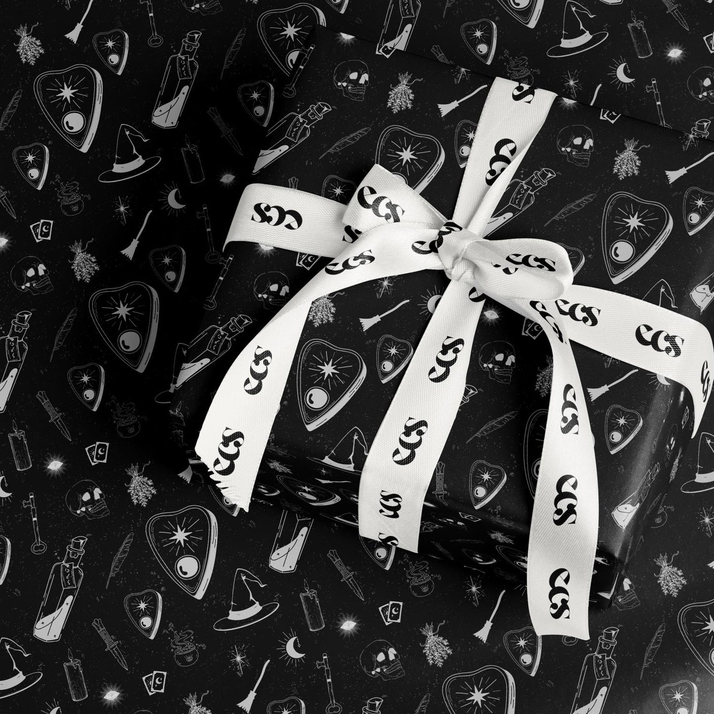 Black Halloween Gift Wrapping Paper, Gothic Witchy Wrap Sheet with Ouija Board, Skull and Mystic Pattern in Glossy or Matte Finish