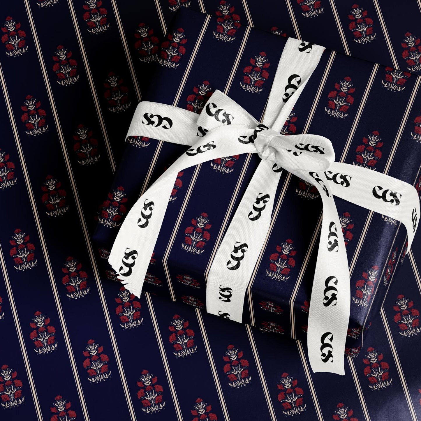 Navy Floral Wrapping Paper | Red Flowers & Pinstripe Gift Wrap