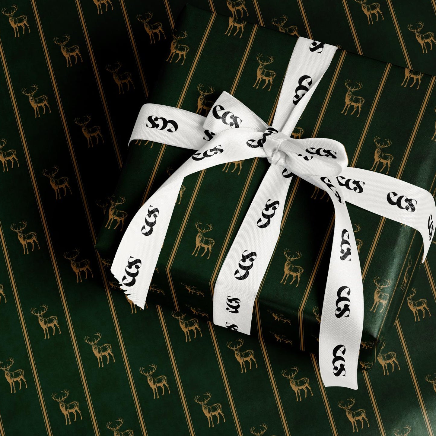 Deep Green Gold Deer Wrapping Paper, Gloss or Matte Finish Elegant Luxury Christmas Gift Wrap