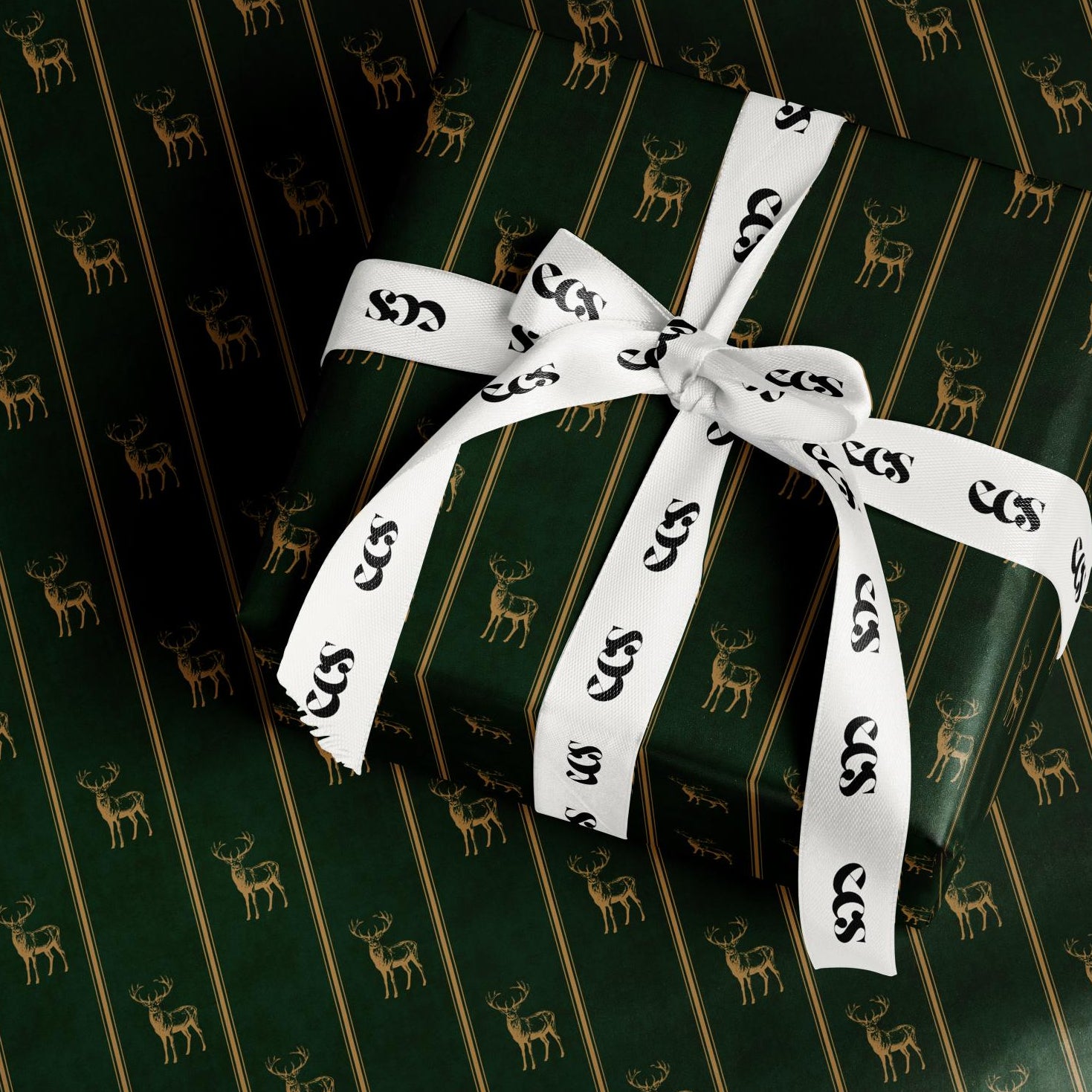 Deep Green Gold Deer Wrapping Paper, Gloss or Matte Finish Elegant Luxury Christmas Gift Wrap