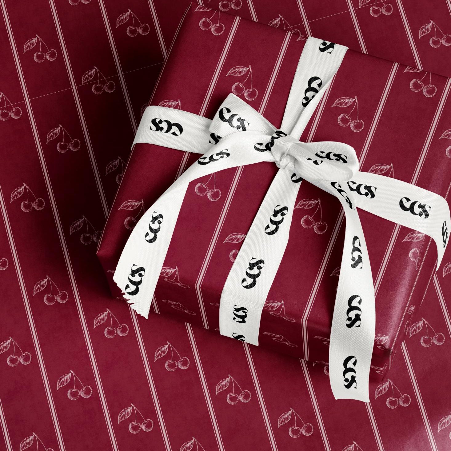 Cherry Gift Wrapping Paper | Burgundy Elegant Gift Wrap with Minimalist Cherry Stripe Pattern | Luxury Holiday & Birthday Wrap
